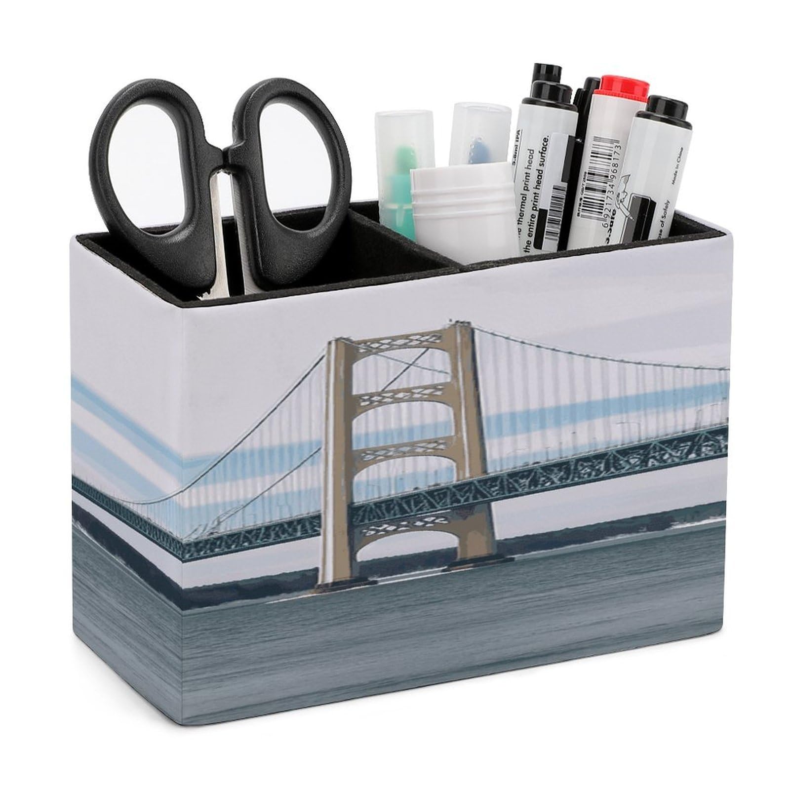 LDGSUPH Mackinac Suspension Bridge Leather Pen Holder for Desk Organizer Caddy Large Pencil Cup Multi-function Pencil Holder Makeup Brush Holders Pen Organizer for Home Office Storage Box
