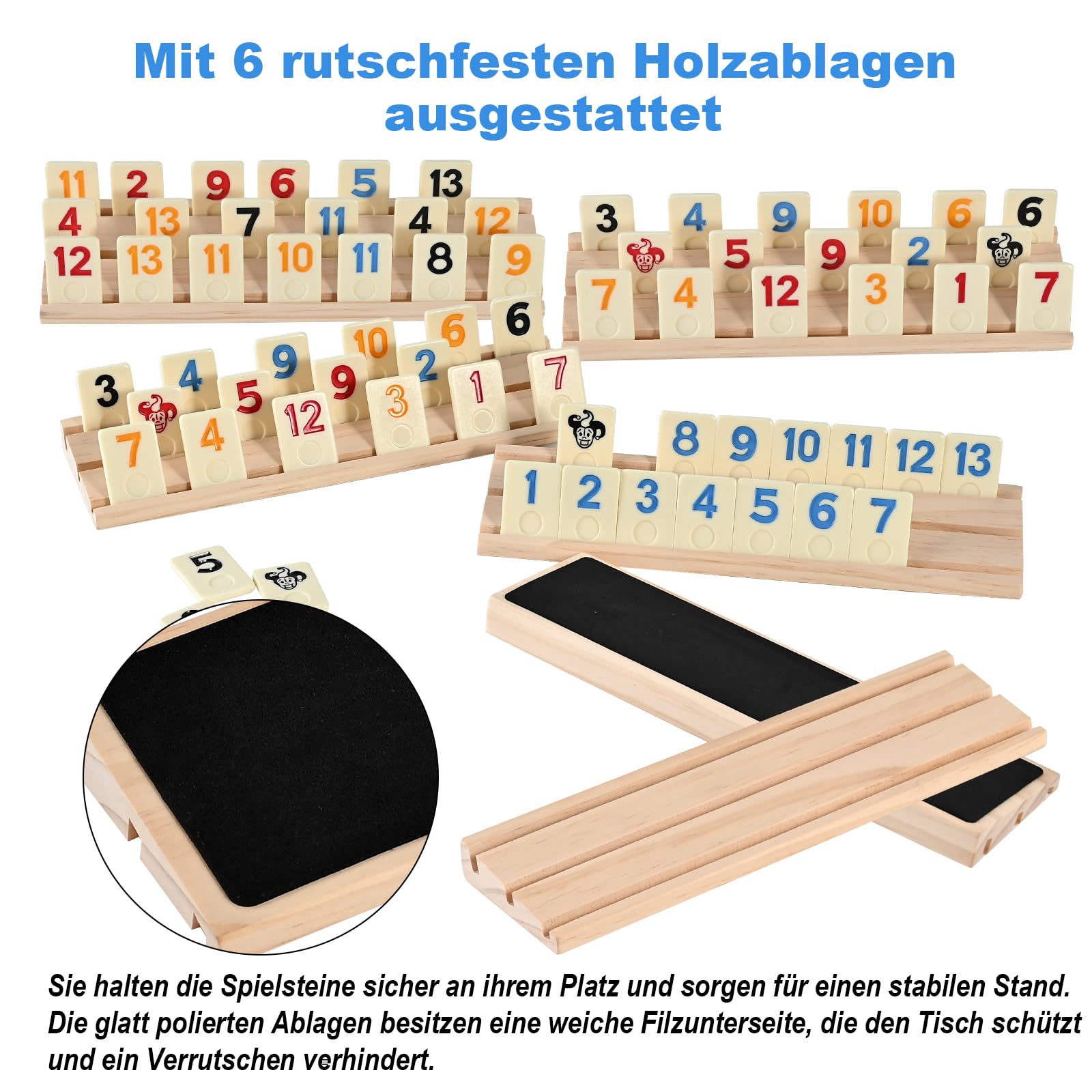 Wooderma Rummy Holz Spiel – Rummy Cup Set mit 160 Spielsteinen & 6 Holzhaltern, Brettspiel für 2–6 Spieler ab 8 Jahren