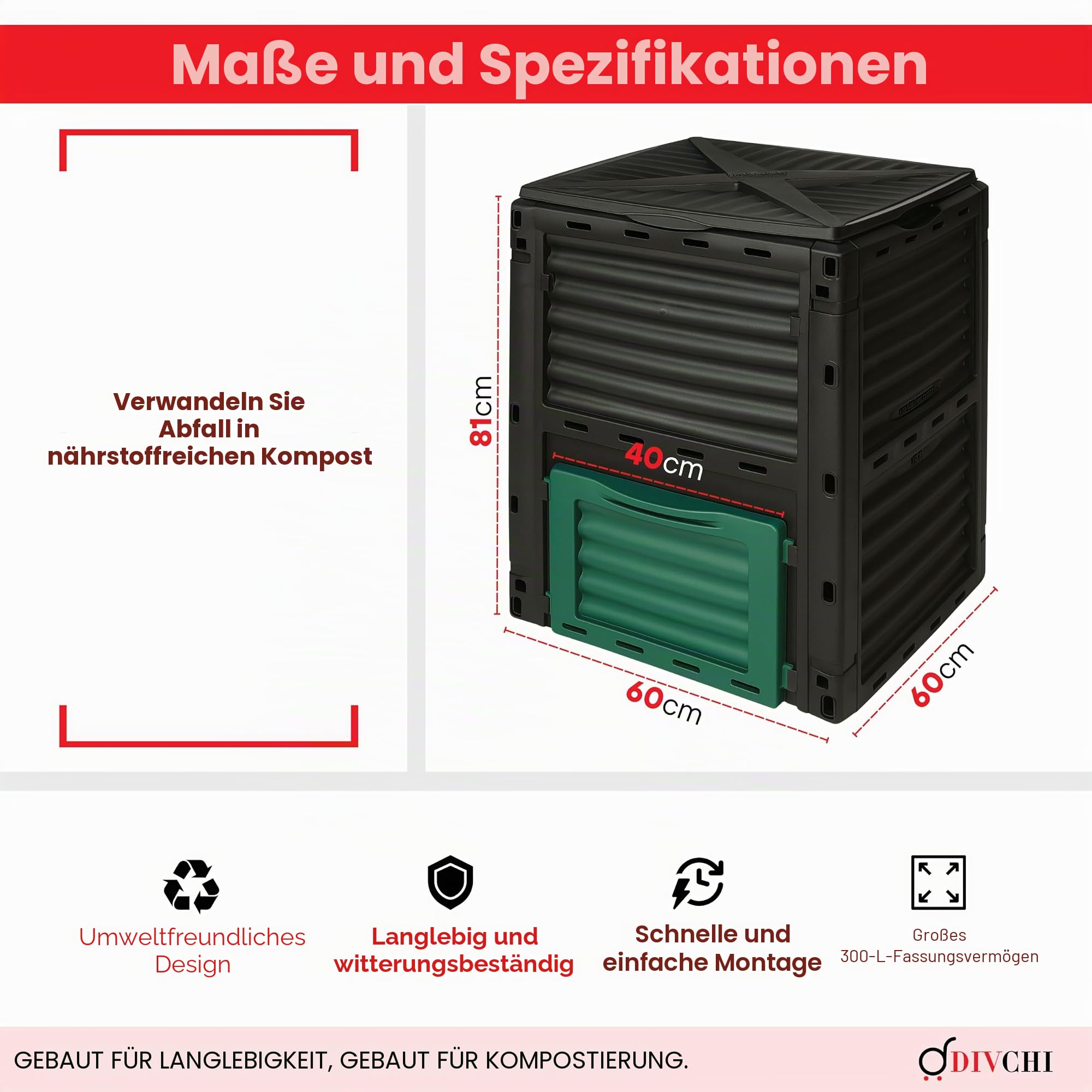 DIVCHI 300L Gartenkomposteimer - Kompostierbehälter für den Außenbereich für Küche & Gartenabfälle - umweltfreundlich, langlebig & wasserdicht, UV-geschützt, BPA-freier Kunststoff (Schwarzgrün)