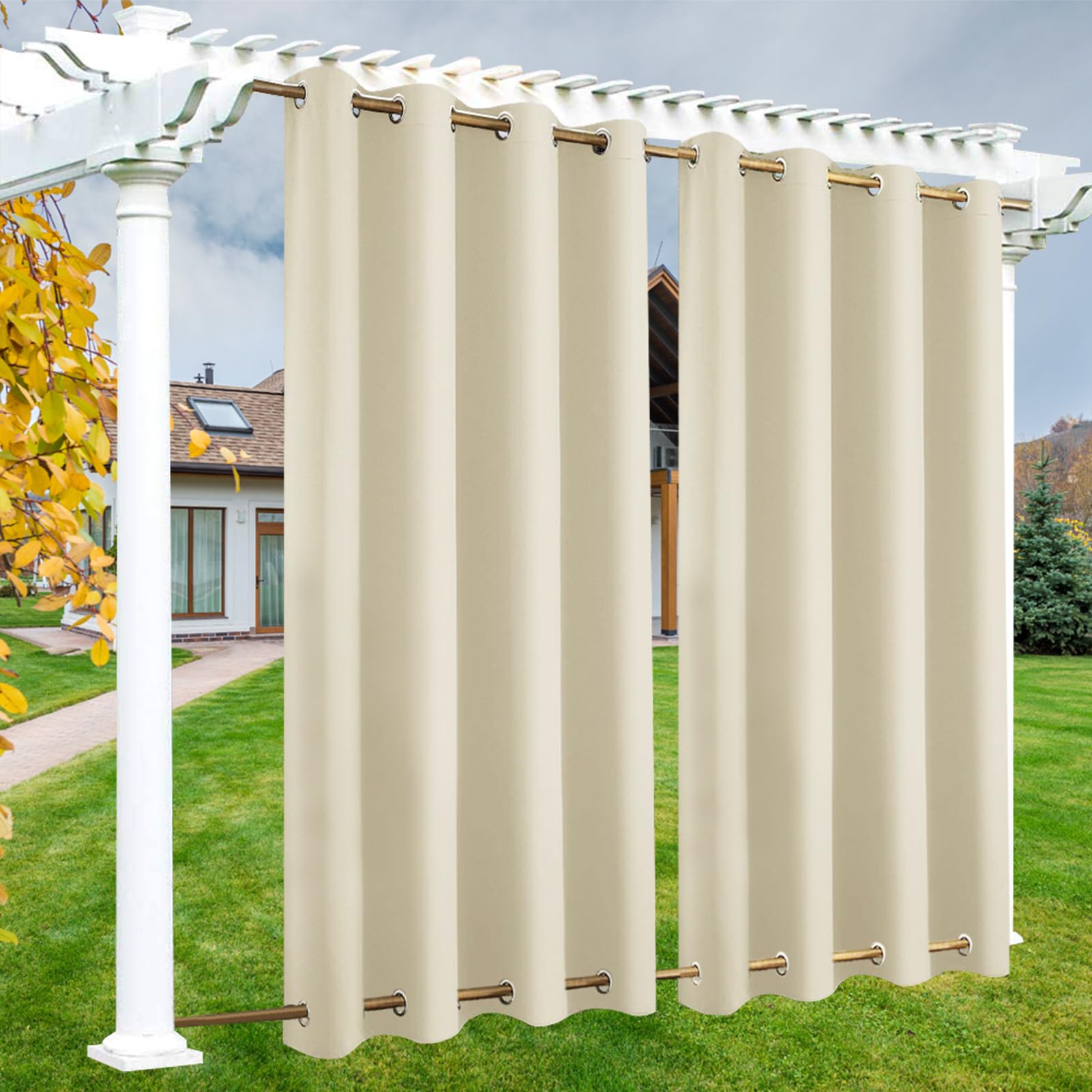 LSDINDF Outdoor Curtains Waterproof, 1 Panel Outdoor Curtain with Top & Bottom Grommets, Privacy and Sun Protection for Pergola, Gazebo, Patio, Porch and Poolside - W 108" x L 85"