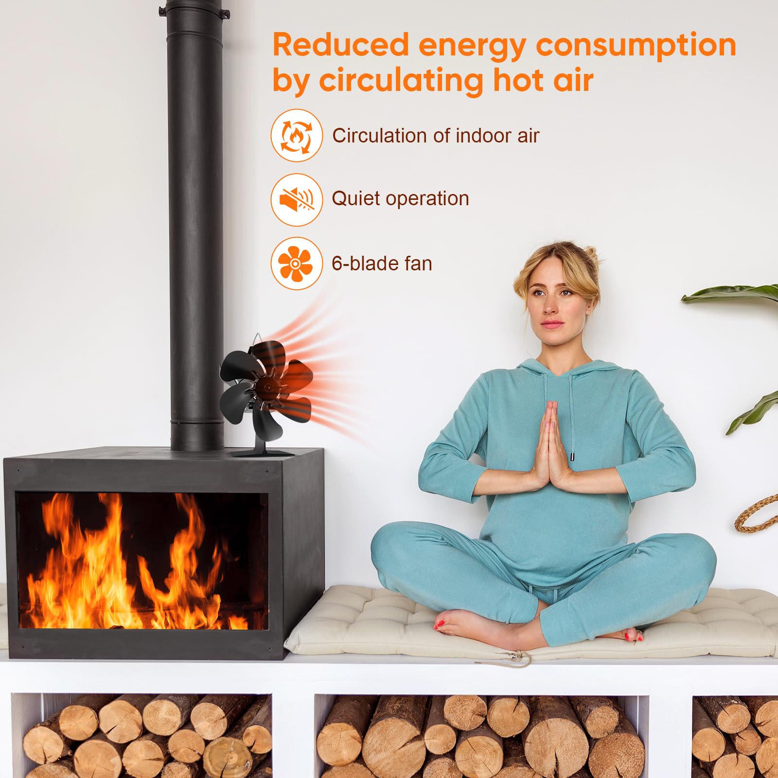 Ventilateur Poele à Bois 6 Pales avec Thermomètre, Cheminée Alimenté Par la Chaleur