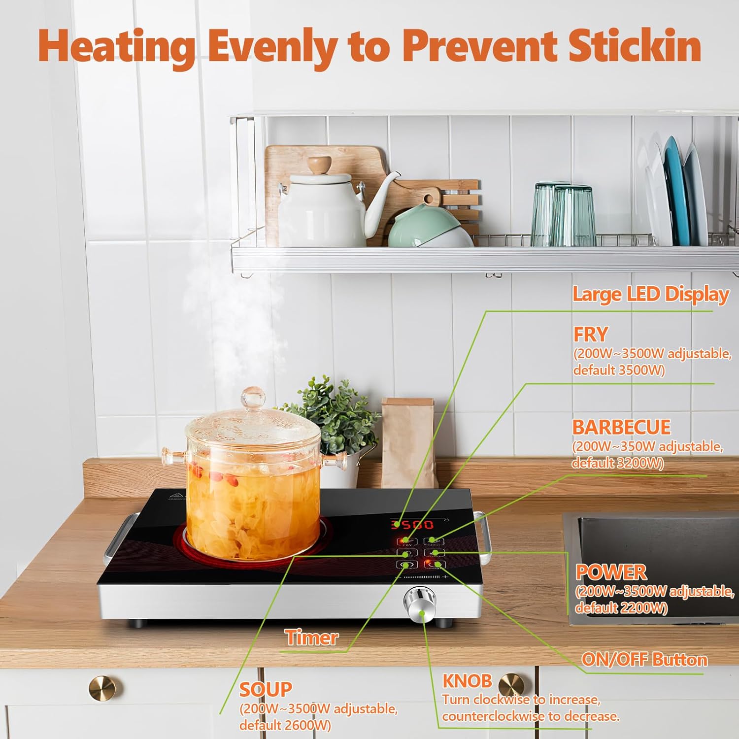 Detallado view of the control panel with labels for Fry, Barbecue, Power, Soup, Timer, Knob, and On/Off button.
