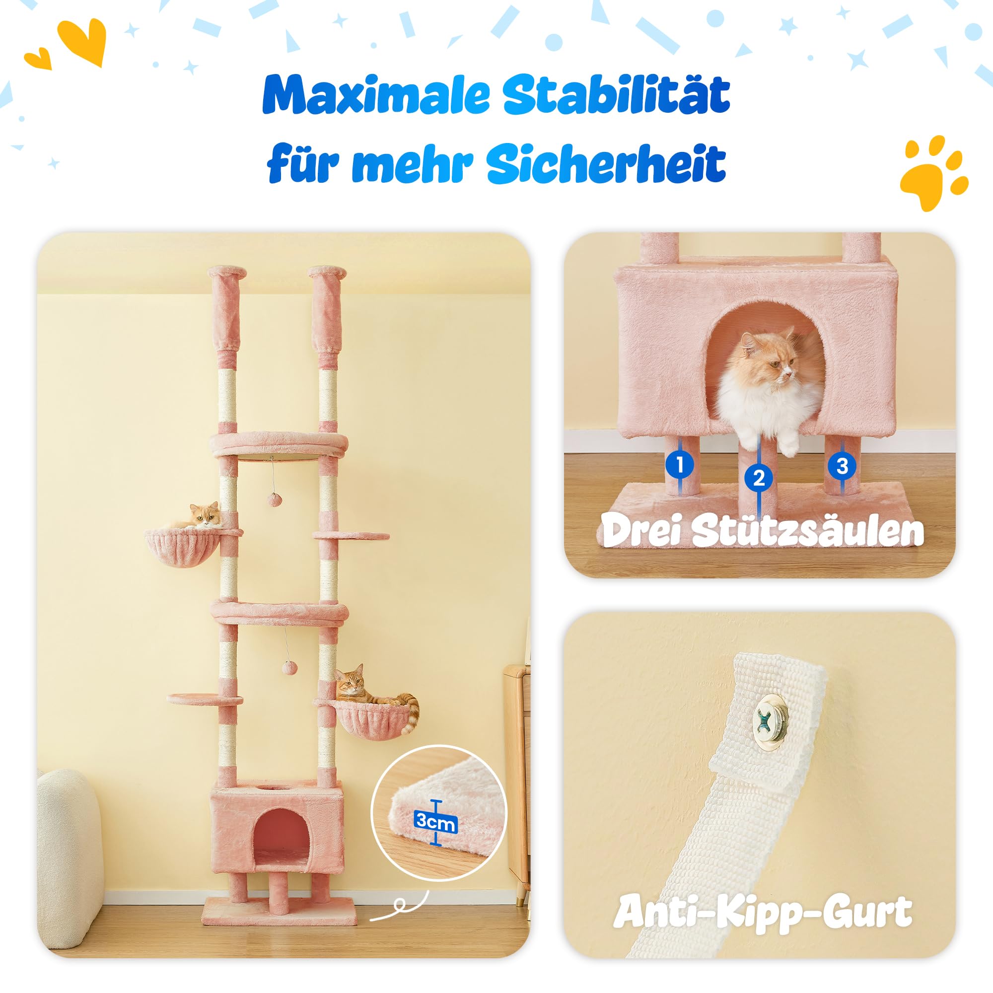 Árbol rascador para gatos rosa con altura ajustable de 235 – 258 cm, 7 pisos, escalador y casa de juegos con columna rascadora, cómoda cesta para dormir y hamacas para gatos de apartamento
