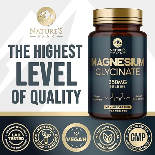Miniatura 4 de Suplemento de glicinato de magnesio 250 mg - 100% quelado y purificado - para apoyar el sueño, la salud cardíaca, los músculos y la fuerza ósea -