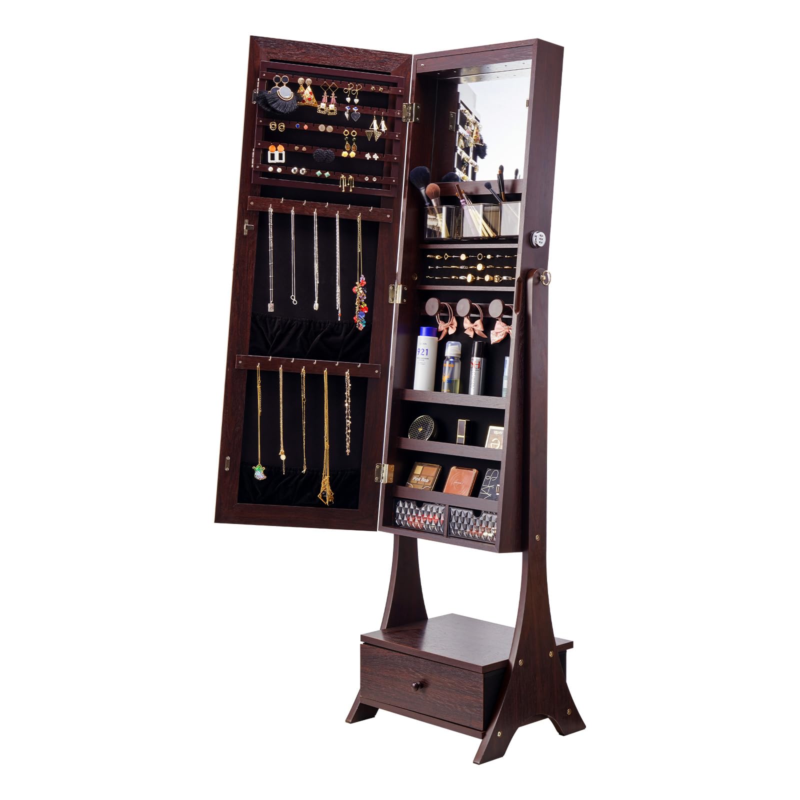 VEVOR Armario para Joyas de 41 x 36 x 157 cm con Espejo, Organizador de Espejos de Joyas con Cerradura y Espejo de Cuerpo Entero, Forro de Terciopelo, Luz LED, Cajón para Joyas, valores, Marrón