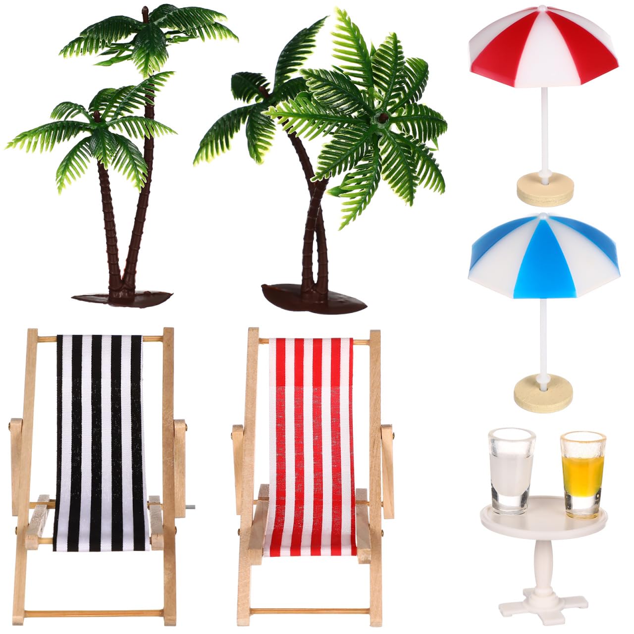 Didiseaon Set di paesaggi da spiaggia in miniatura con palme, ombrelloni, mini palme, ombrelloni, sedie a sdraio, bevande, tavolino rotondo, ornamento per