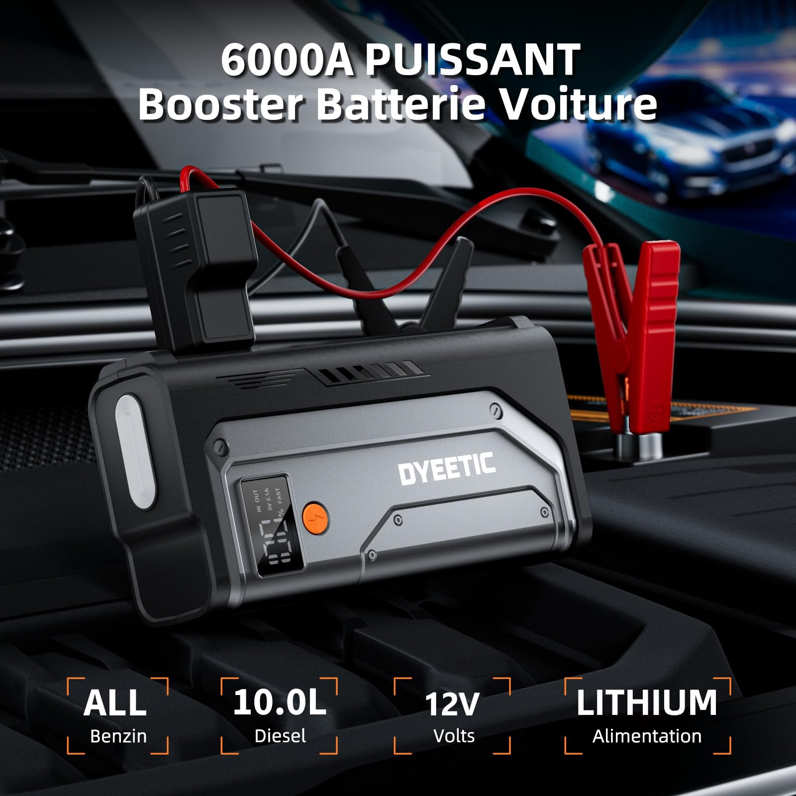 Booster Batterie Voiture 6000A, 12V Démarreur de Voiture pour Moteurs (jusqu'à All Gaz & 10,0L Diesel), Booster Batterie Moto Portable Jump Starter avec Lampe de Poche à LED, Rapide Charge USB