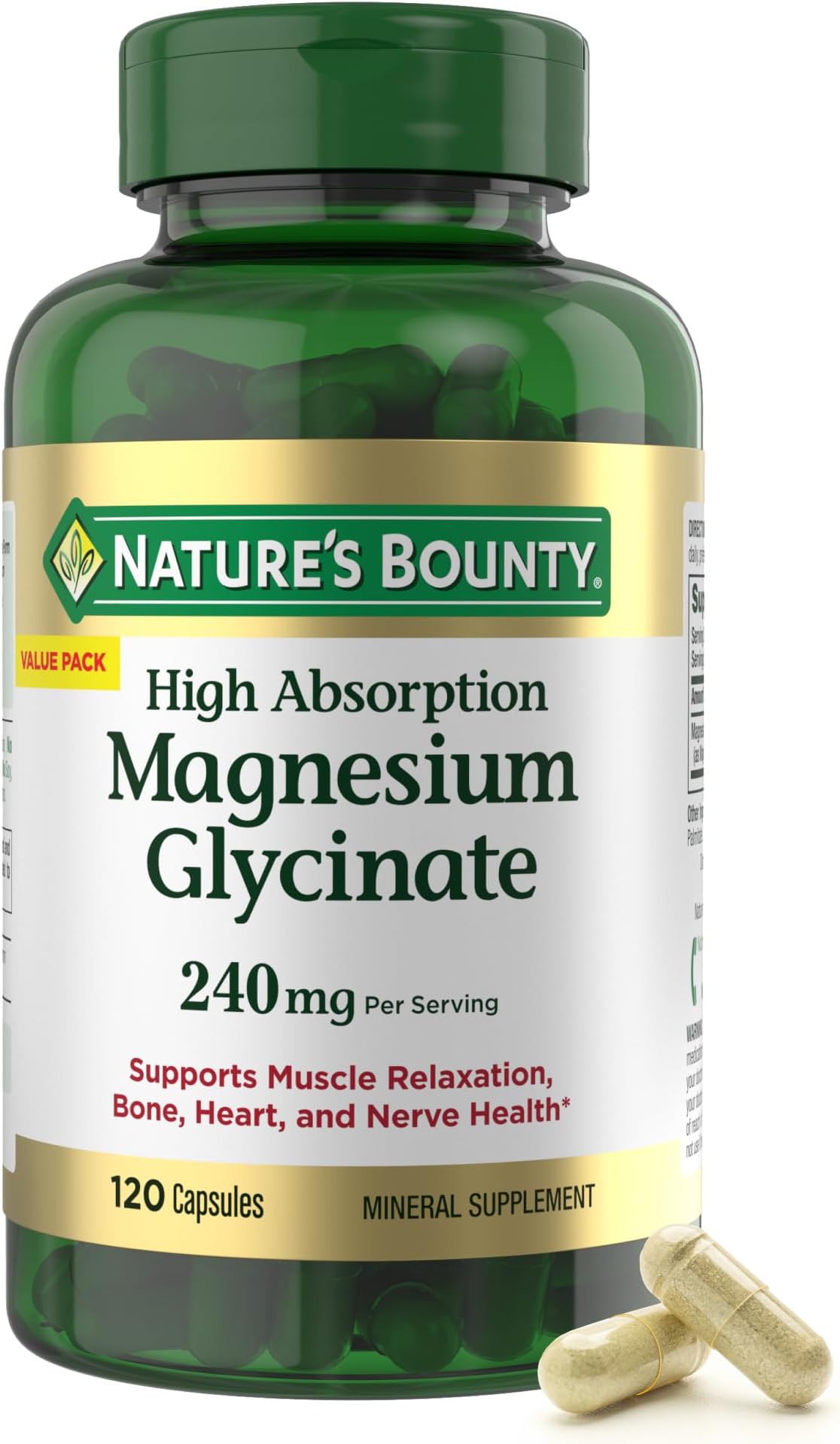 Natureโs Bounty High Absorption Magnesium Glycinate 240 mg for Supporting Muscle Relaxation and Bone, Heart & Nerve Health โ Non-GMO, Gluten-Free, Vegetarian, 120 Count/60 Servings