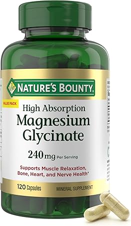 Nature’s Bounty High Absorption Magnesium Glycinate 240 mg for Supporting Muscle Relaxation and Bone, Heart &amp; Nerve Health – Non-GMO, Gluten-Free, Vegetarian, 120 Count/60 Servings