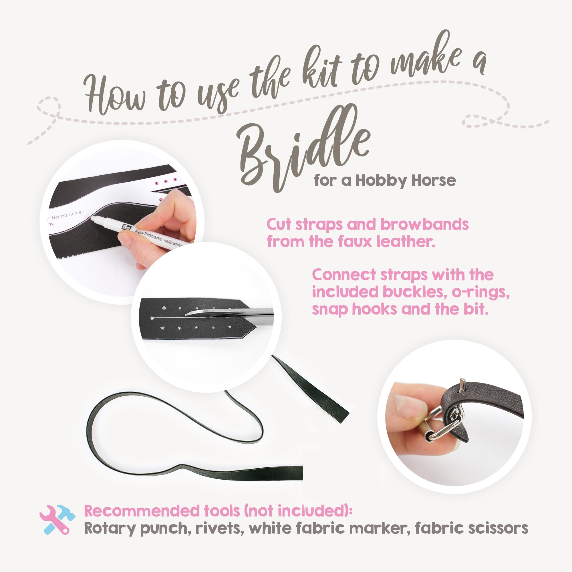 kullaloo Kit de bride de cheval DIY ✦ Faites une belle bride en cuir avec des rênes pour votre cheval bâton ✦ Instructions incluses ✦ Noir/argent