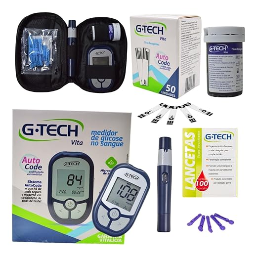 Kit Medidor de Glicose G-Tech Vita Com 60 Tiras + 110 Lancetas E Caneta Lancetadora - Glicosímetro Glicemia