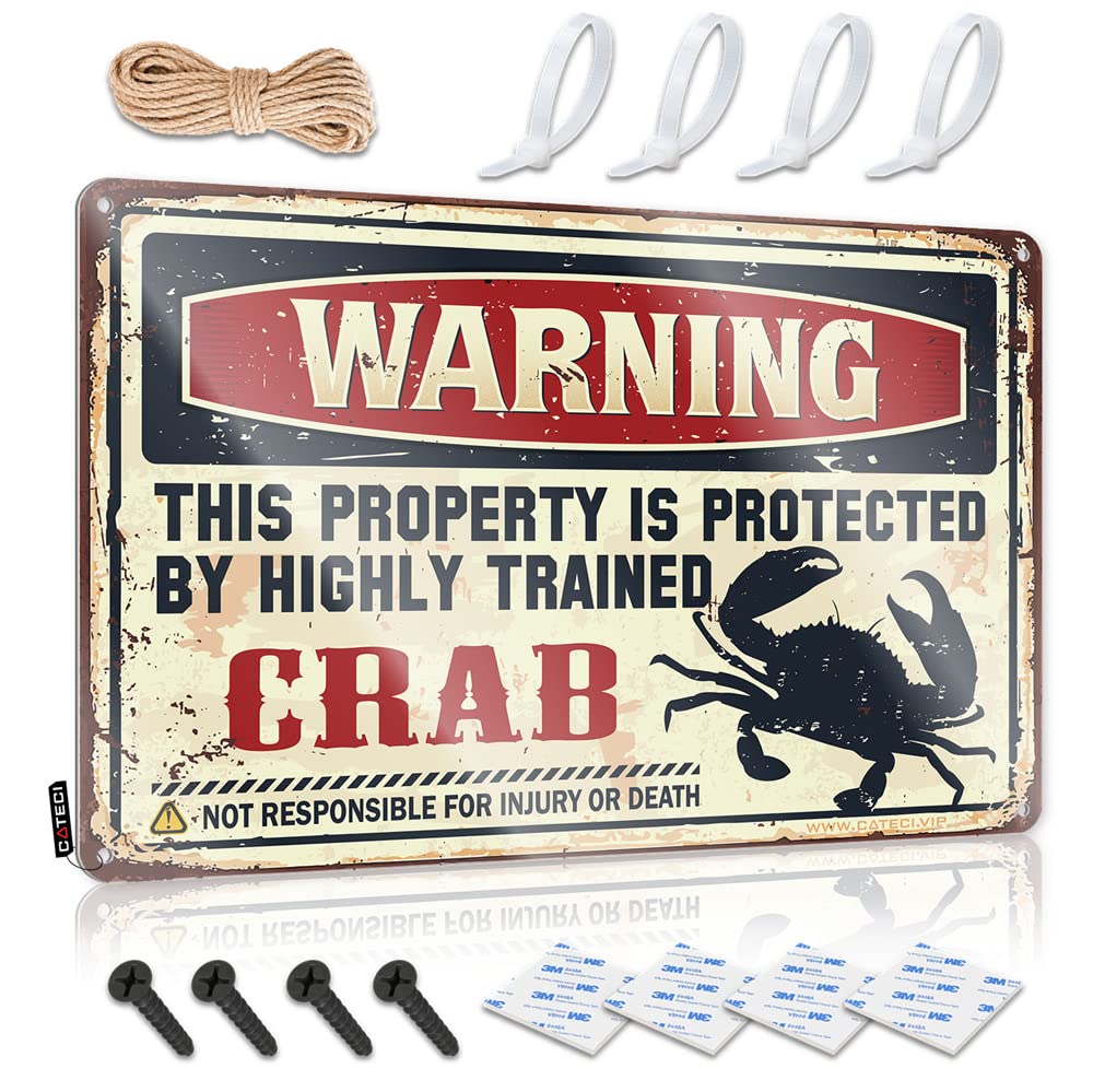 IBWNBBUSN Tin Decor Warning This Property Is Protected By A Highly Trained Crab Sign Metal Signs For Bar Funny Poster Sign