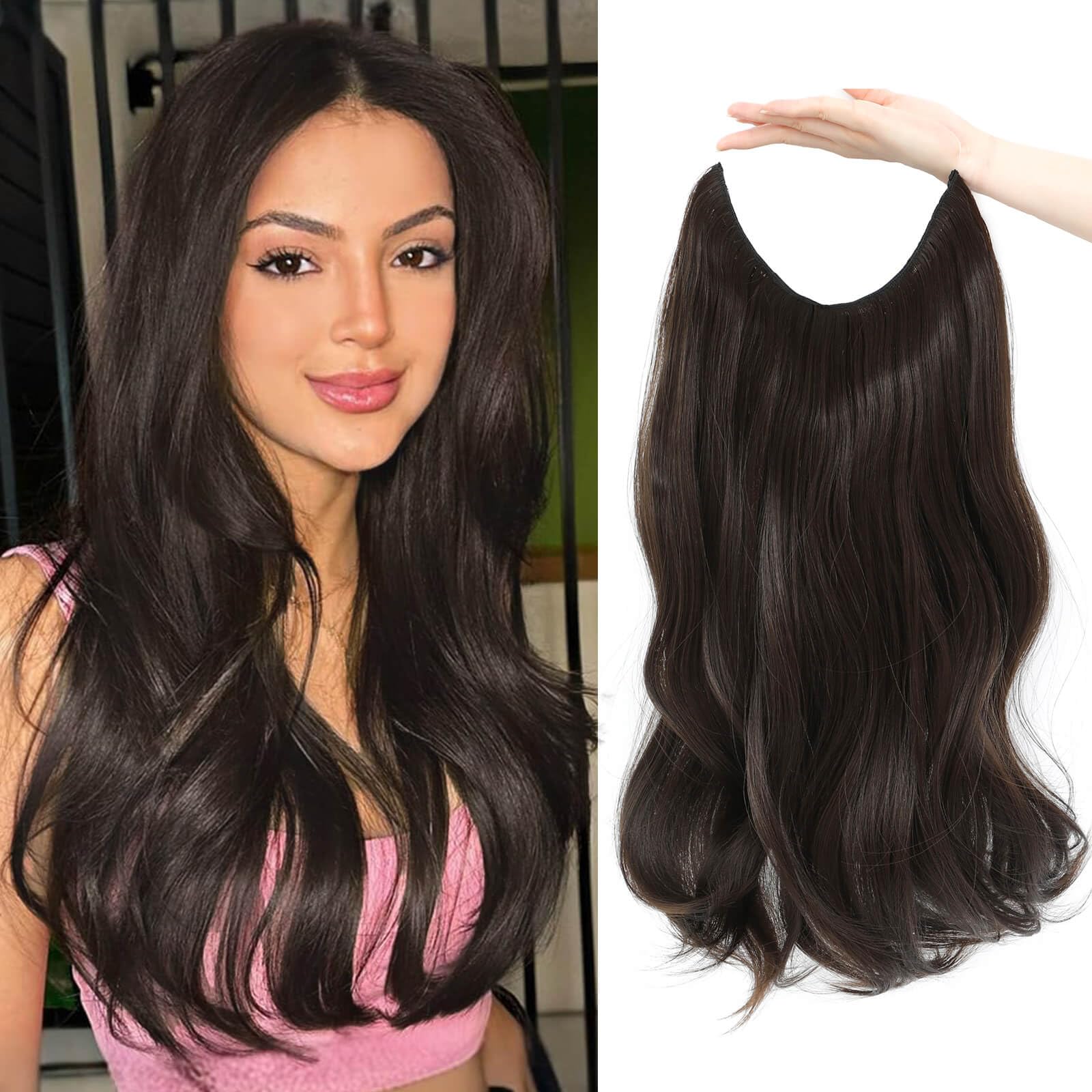 Flyroseing Body Wavy Halos Hair Extension, Natural Brown Hair Extensions