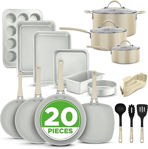 NutriChef Juego de 20 utensilios antiadherentes para hornear y utensilios de cocina, utensilios que incluyen ollas y sartenes para hornear hechos