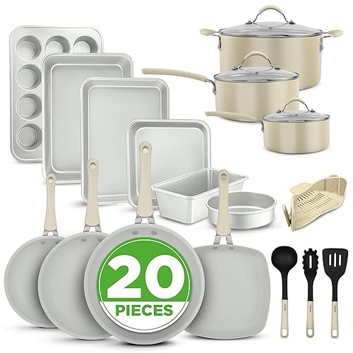 NutriChef 20-Piece Non-Stick Bakeware and Cookware Set - Utensils Including Pots and Baking Pans Made with Durable Aluminum, Tempered Glass Lids, Heat-Resistant Utensils, Easy-Clean Design (White) - White