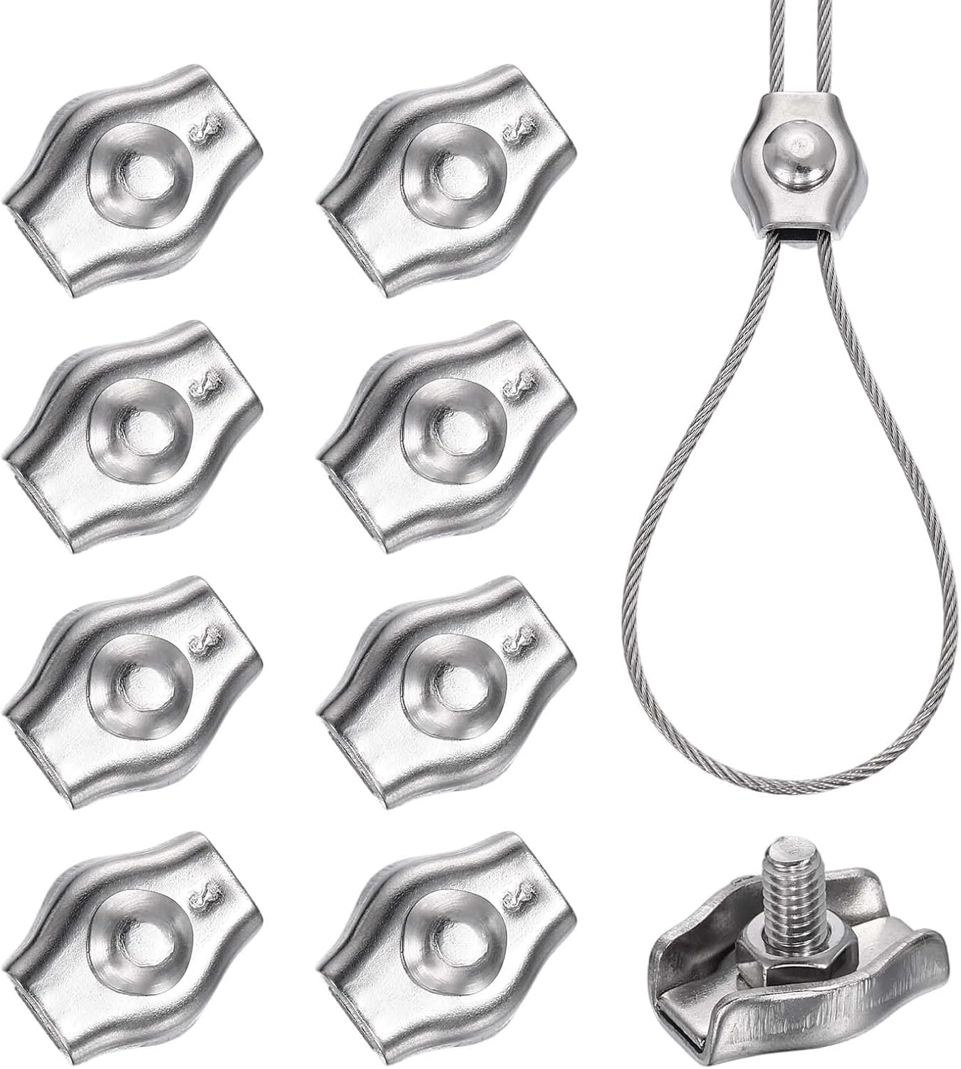 PATIKIL 9 Pcs Stainless Steel Single Wire Rope Clips, M4 Single Bolt Cable Clips Clamp for 5/64 Inch-3/32 Inch Diameter Wire Rope for Rigging Tent Guard Railing System, Silver