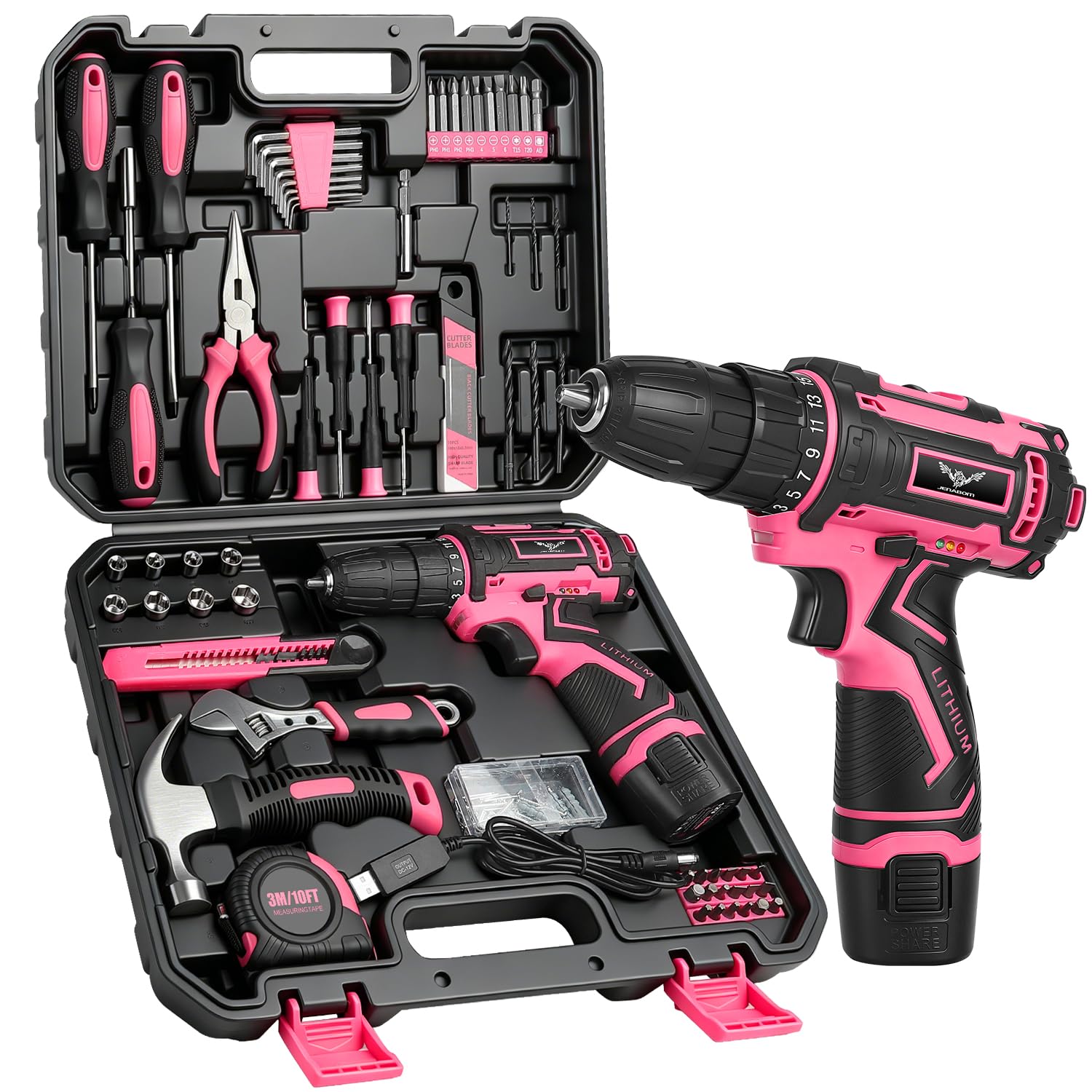 Pink Tool Kit: 151 Pcs DIY Set with 12V Cordless Drill, Home Tool Kit with Drill, Electric Drills & Hand Tools for Women — image 1
