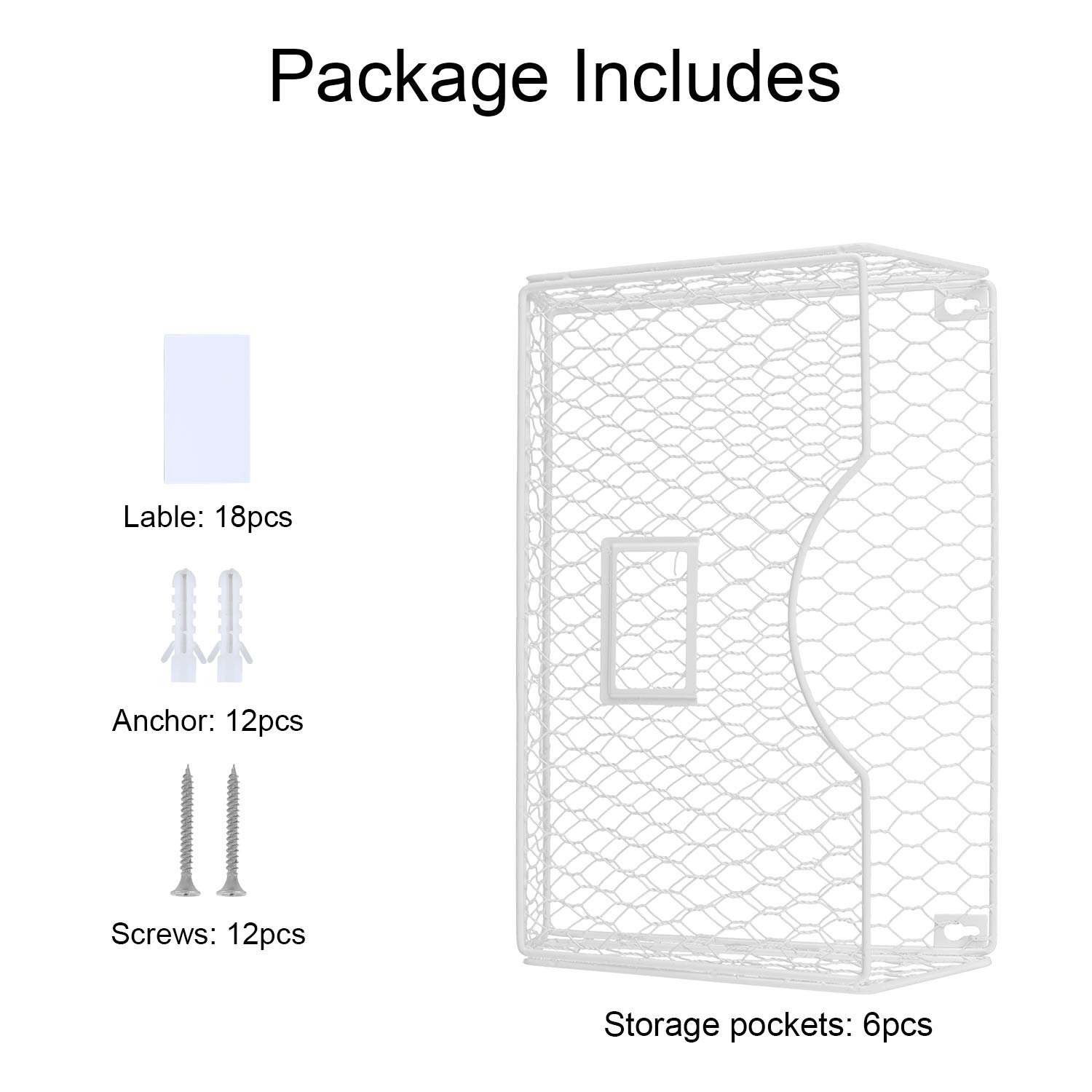 PAG 6 Pockets Hanging File Holder Wall Mount Mail Organizer Metal Chicken Wire Magazine Rack with Tag Slot, White