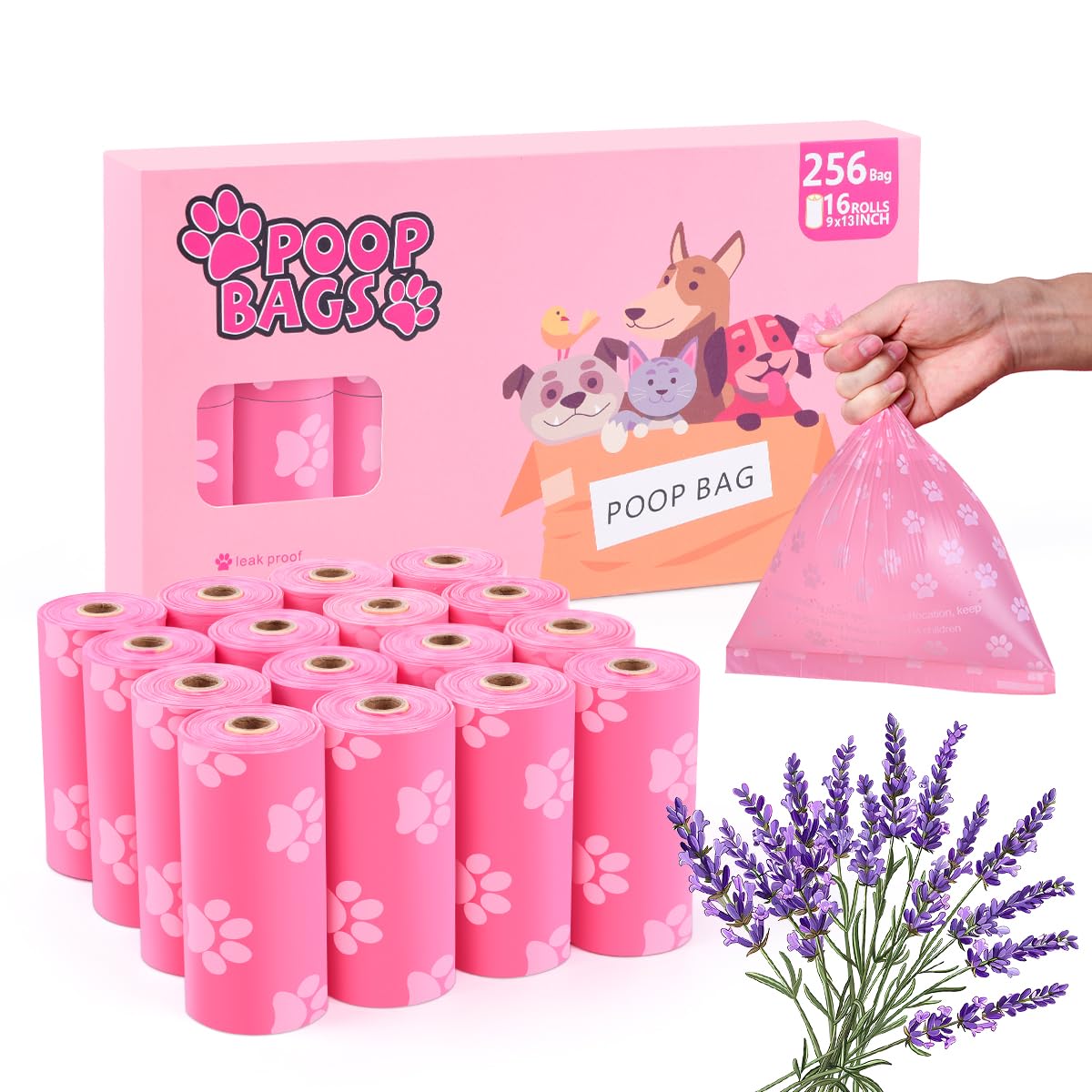 Ninsetinsoe Rosa Biologisch abbaubare Hundekotbeutel mit Halter-256 große Kotbeutel, Maisstärke gemischt kompostierbare, extra dicke starke auslaufsichere Kotbeutel für Hunde