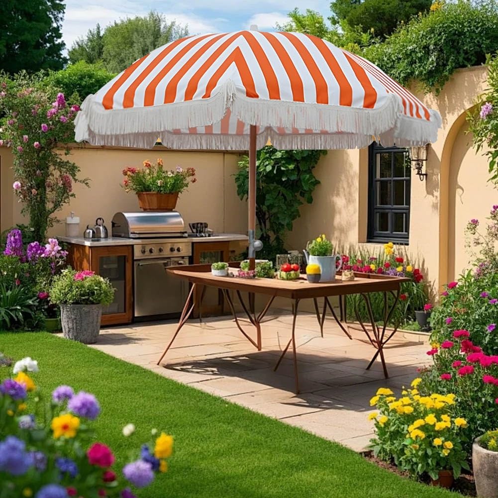 Genérico 220 cm Sombrilla de Exterior a Rayas Naranjas con Borla, Parasol de Playa UPF50+, Sombrilla de Jardín Plegable con Poste de Hierro