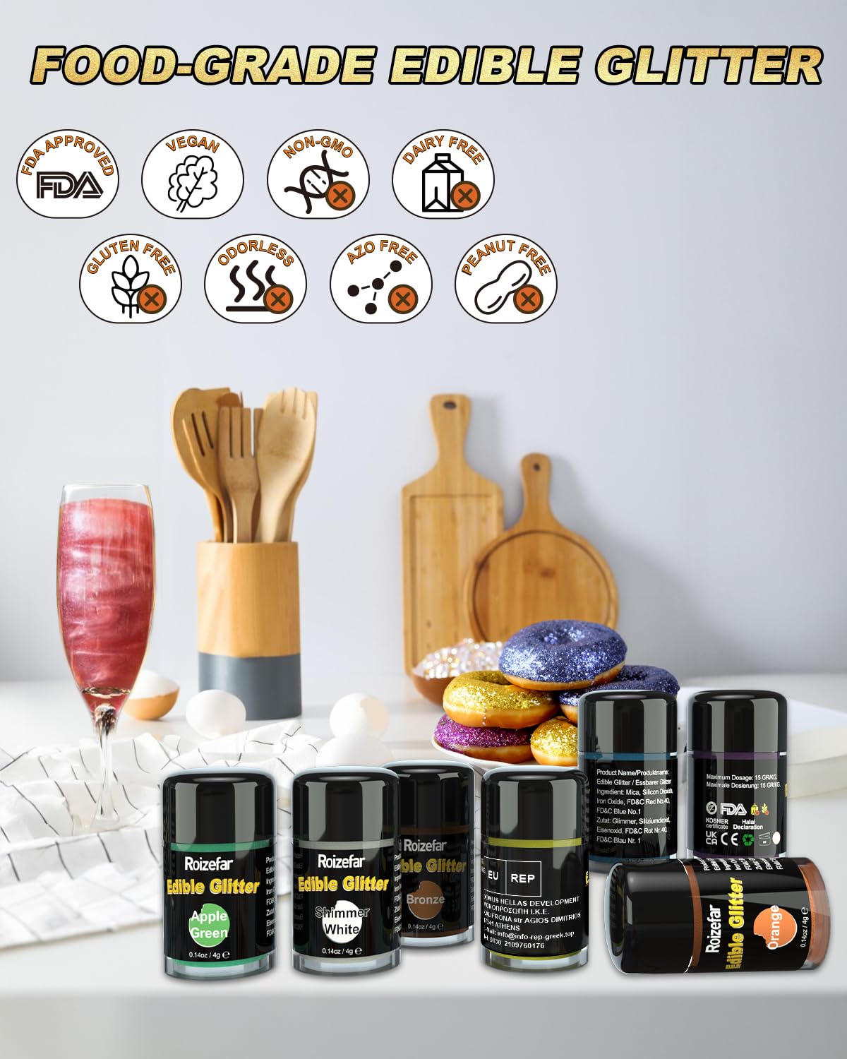 Roizefar Paillettes Comestibles, 12 Couleurs x4g Colorant Alimentaire pour Boissons, Paillettes Alimentaires pour Cocktail, Gâteaux, Crème, Muffins, Chocolats