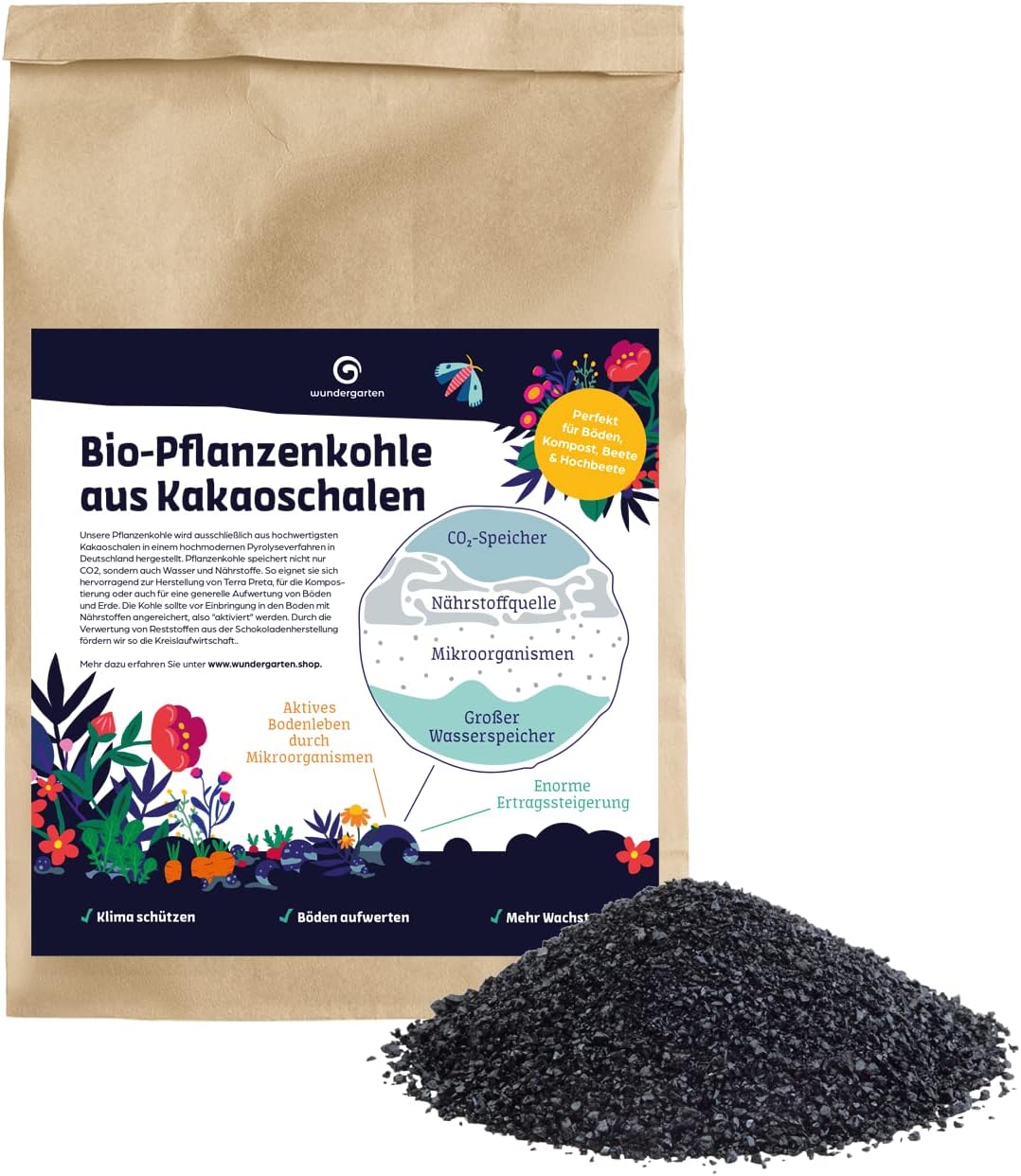 Wundergarten Bio Pflanzenkohle 100 Liter zu 100 aus Kakaoschalen