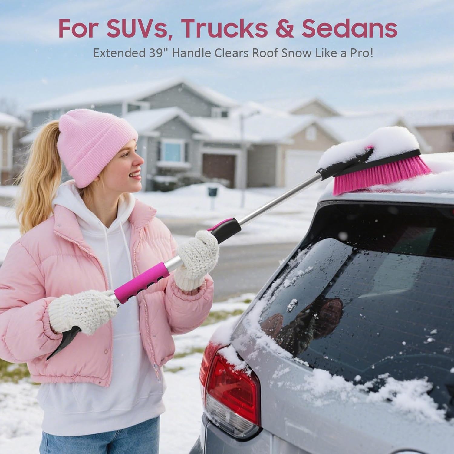 YeewayVeh 39" Snow Brush and Ice Scrapers for Car Windshield, 360° Pivoting Brush Head with Comfort Foam Grip, 3 IN 1 Extendable Car Scraper Snow Brush for SUV Trucks Sedans, Pink (Single)