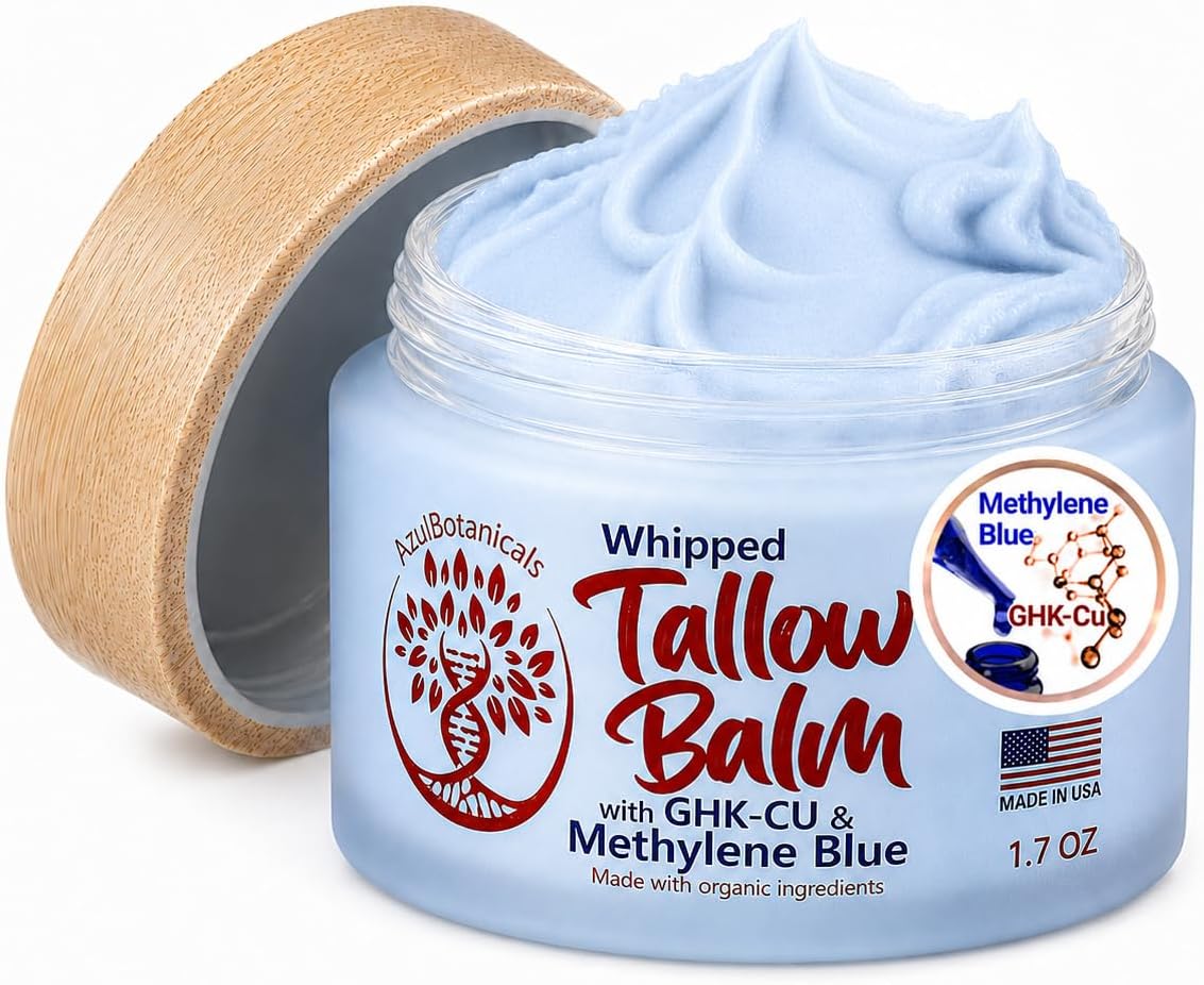 GHK-Cu Copper Peptide & Methylene Blue Infused Whipped Grass Fed Beef Tallow Balm, Anti-Aging, Fine lines, Wrinkles, Eczema, Acne, Full body Moisturizer, All skin types, With Organic Ingredients 1.7oz