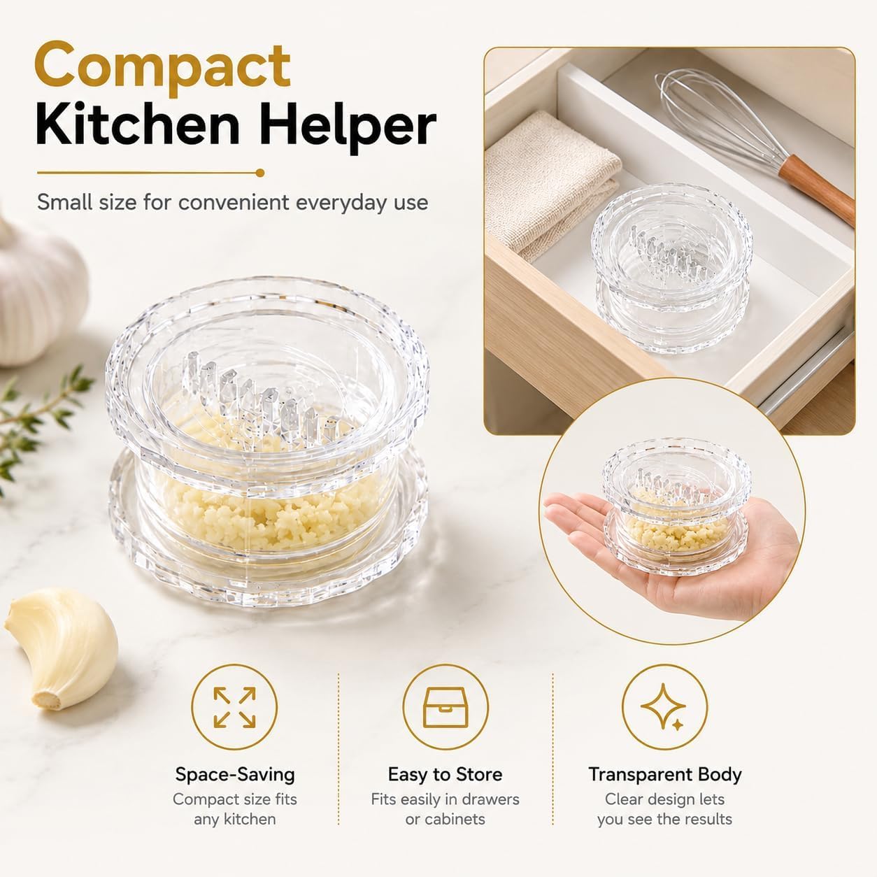 Knoblauchmühle Zerkleinerer Handheld Transparent Grinder Multifunktions-Werkzeug für Knoblauch, Zwiebel, Ingwer, Kräuter, Nüsse - 2 Stück