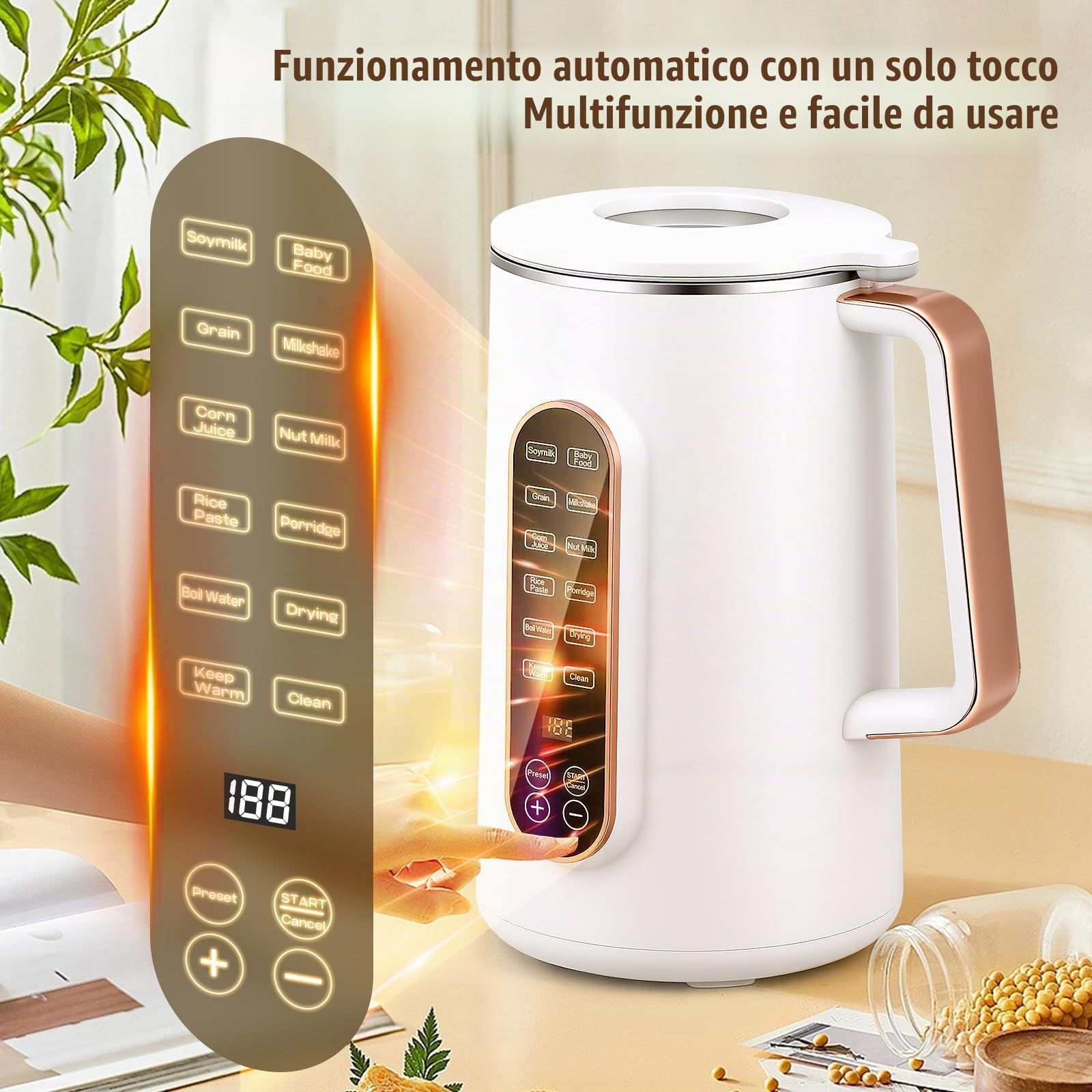 Moongiantgo 1,2L 8-in-1 Macchina per Latte Vegetale, Senza Filtraggio | Con 10 Lame, Avvio Ritardato 12h, Autopulizia e Mantenimento Caldo, Machine à Lait de Soja Multifunzione per Avena