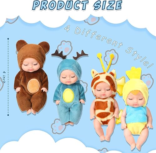 Miniatura 2 de Leitee Mini muñecas Reborn de 4 piezas, 4 pulgadas, juego de PVC lavable realista con ropa y sombrero para niños, juguete de casa de muñecas