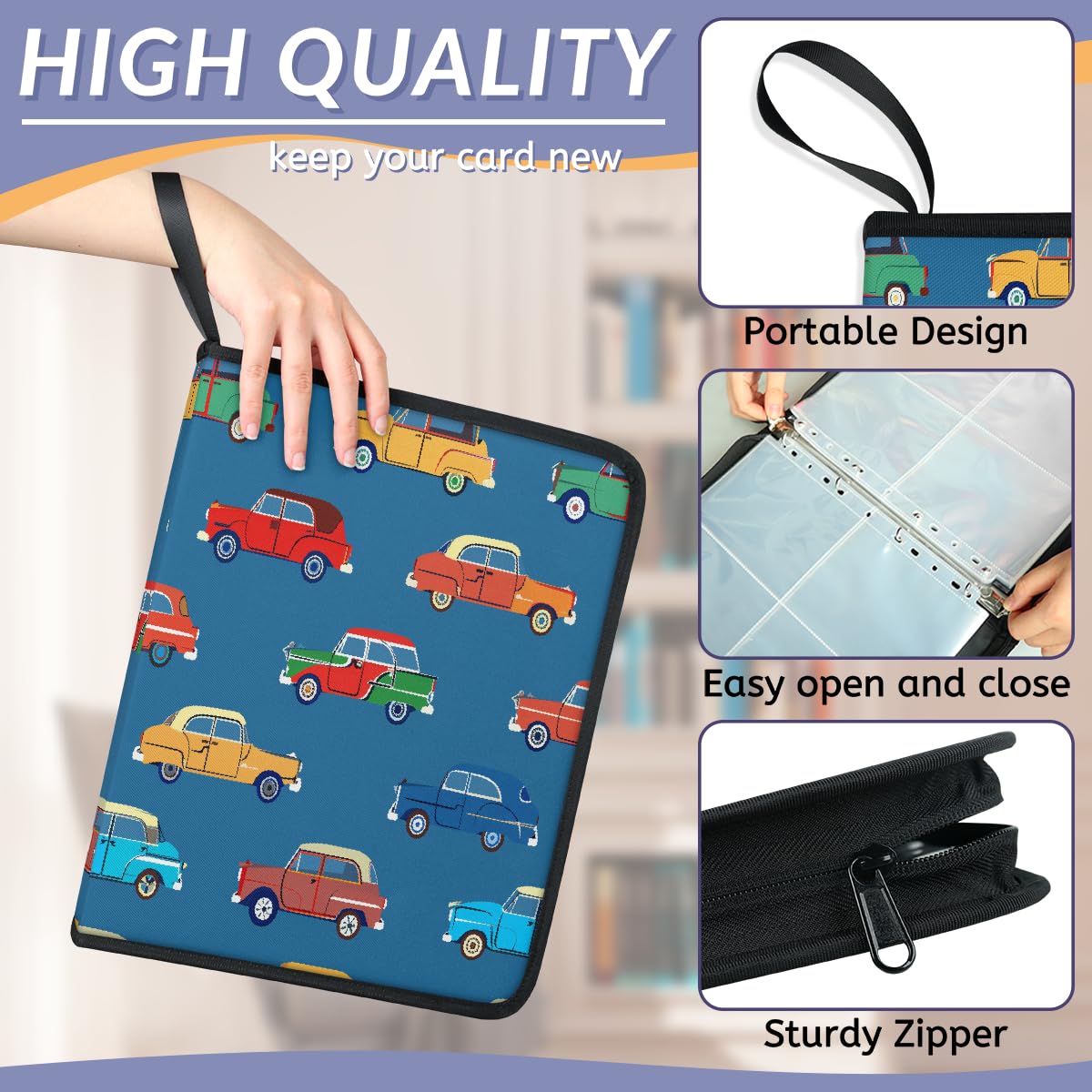 Sammelkartenbinder 4 Taschen, 400 Taschen, doppelseitige Karten-Aufbewahrungstasche mit abnehmbaren Hüllen, bunte Autos, Cartoon-Druck, Kartenhalter, Albumschutz-Set für Sammler