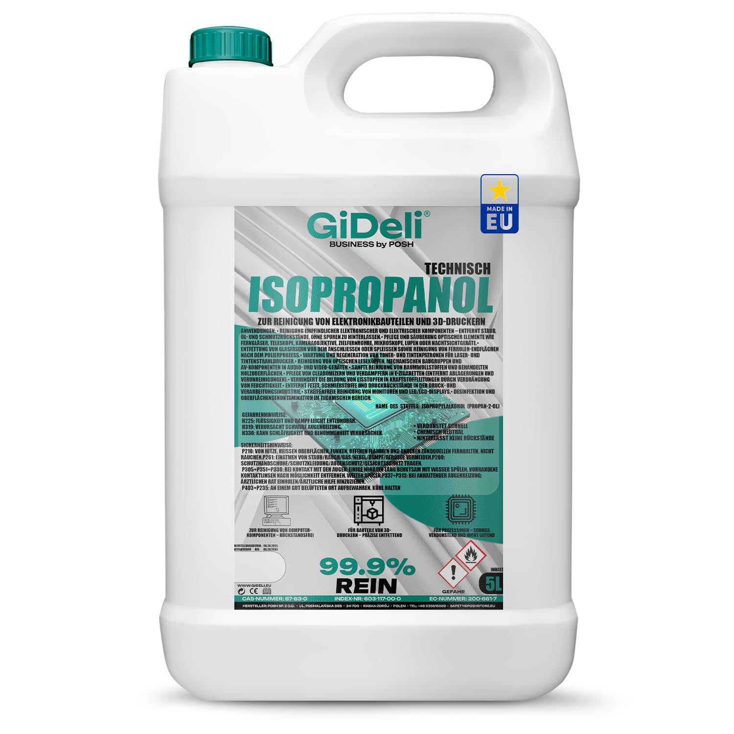 GiDeli Isopropanol Technisches 5l - Isopropylalkohol 99,9% - Reinigung von elektronischen Bauteilen und 3D Drucker zubehör