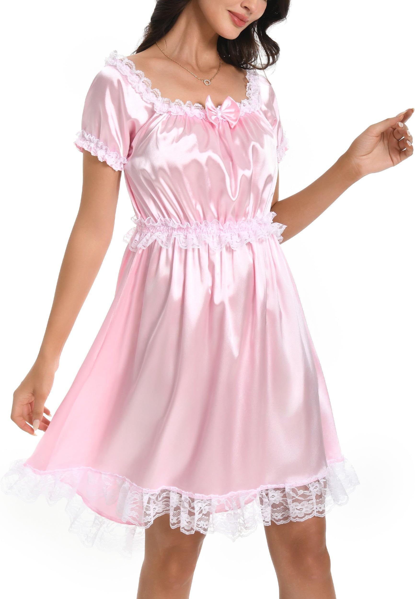 Lingerie Satin Sissy Babydoll Ruffles Frilly Lace Slip Nightwear Dress