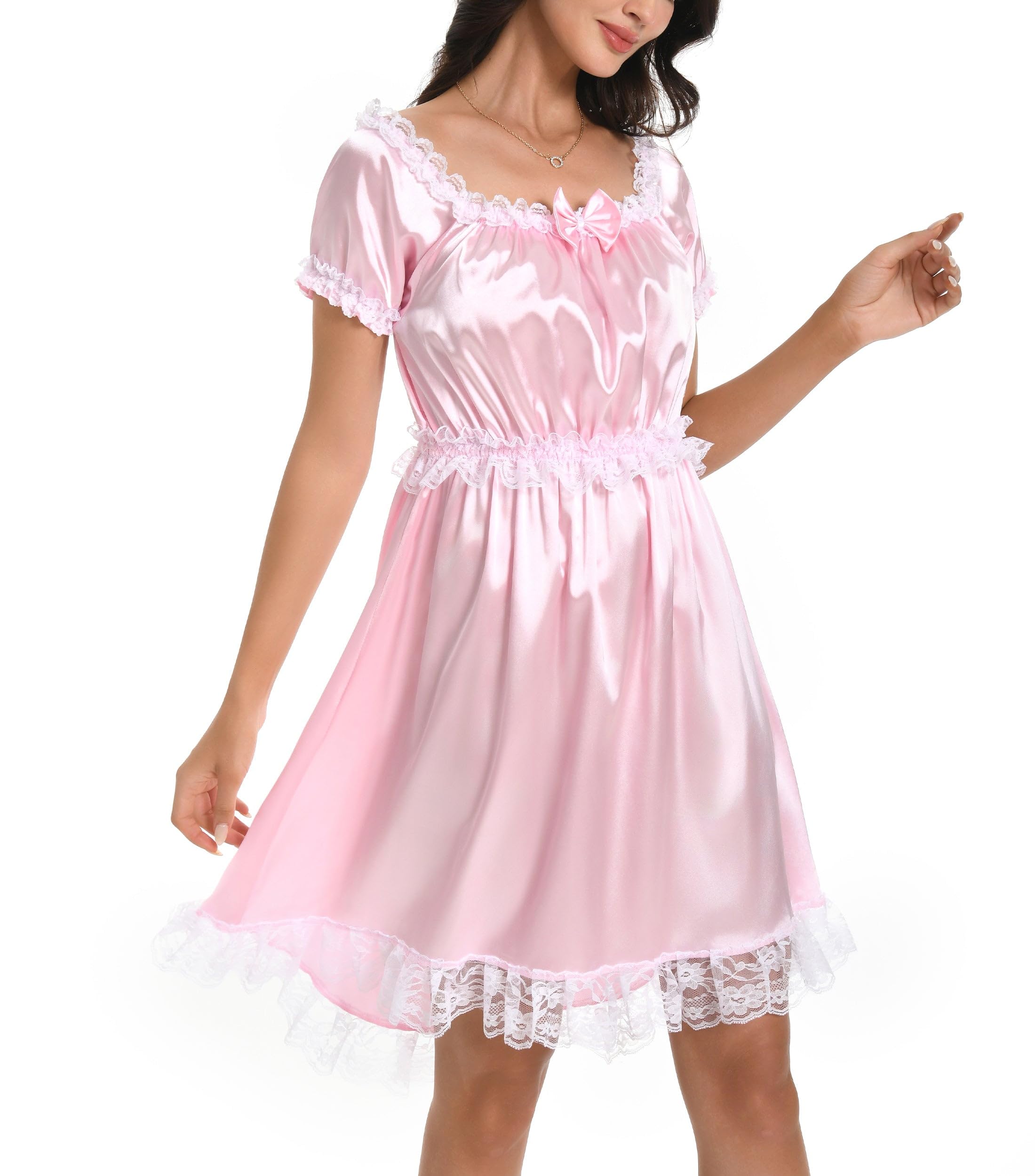 Lingerie Satin Sissy Babydoll Ruffles Frilly Lace Slip Nightwear Dress