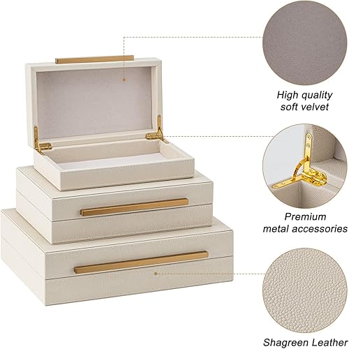 Miniatura 5 de Joyero apilable de piel sintética grande y moderna con organizador de tapas, juego de 3 cajas de almacenamiento decorativas Shagreen beige con asas