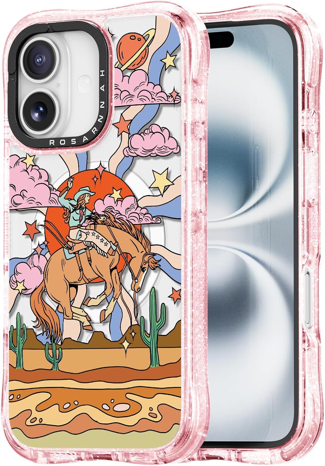 Rosarnnah for iPhone 16 Case Cute - Compatible with Magsafe - Military-Grade 20 ft Drop Protection Shockproof Phone Case - Funny Cowboy Design (6.1") Glitter Pink