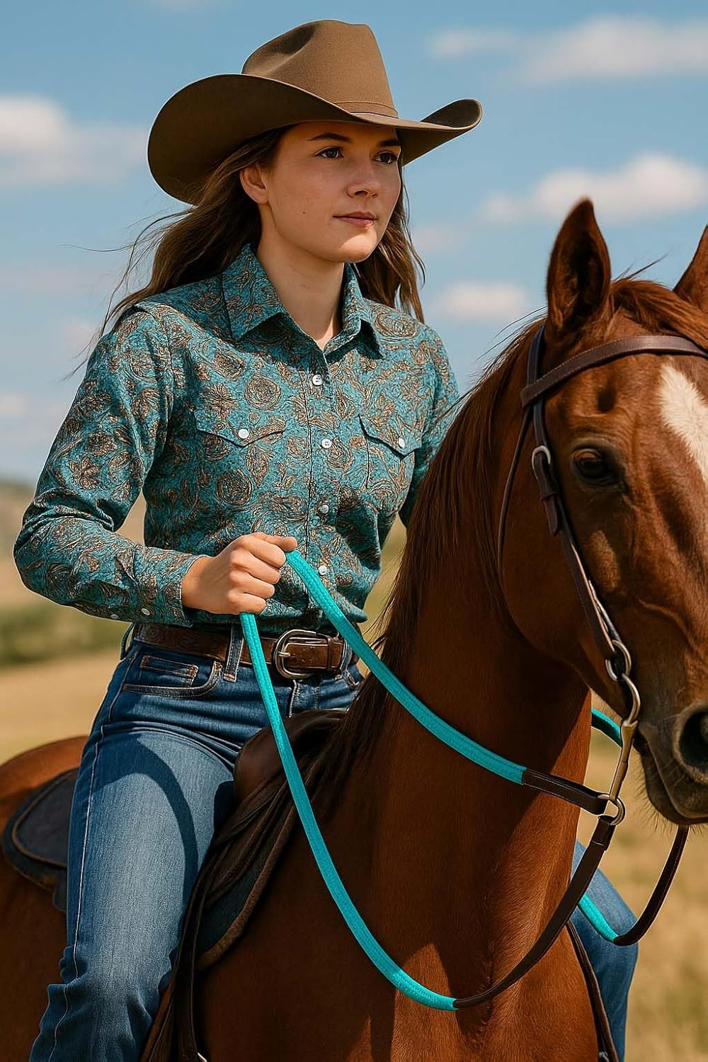 CHALLENGER Horse Western 8' Brown Leather Rubber Grip Contest Barrel Reins Teal 805LR13TL