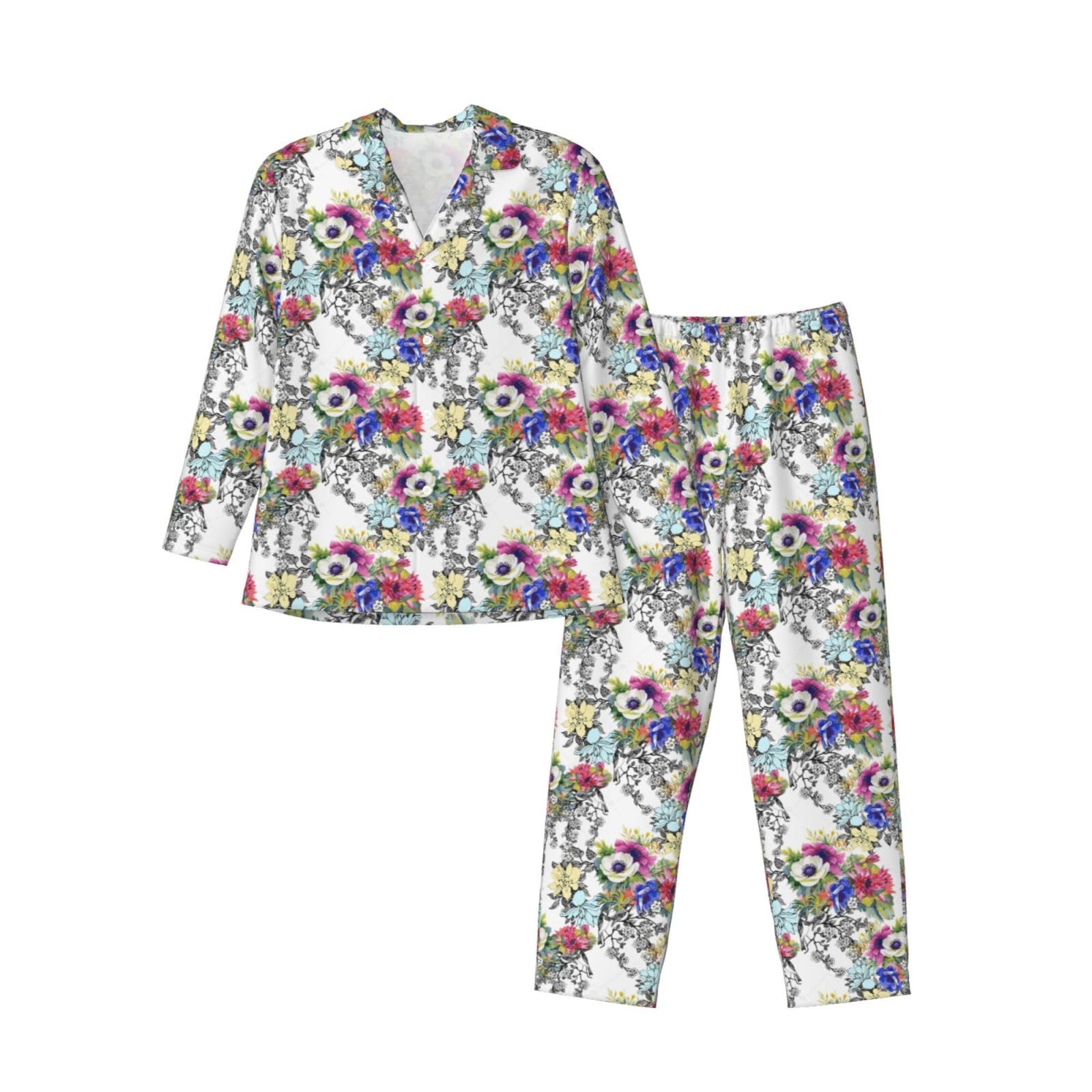 Giardino Fioritura Fiori di campo Uccelli Foglie Rami Stampa Uomo Manica Lunga Pigiama Set Pigiameria Due Pezzi Casa Viaggio Outfit Lounge Pantaloni