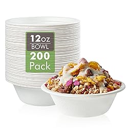 Vplus 200 Pack 12 OZ Paper Bowls, Disposable Compostable Bowls Bulk, Eco-friendly Bagasse Bowls, Heavy-duty Bowls Perfect for Milk Cereals, Snacks, Salads