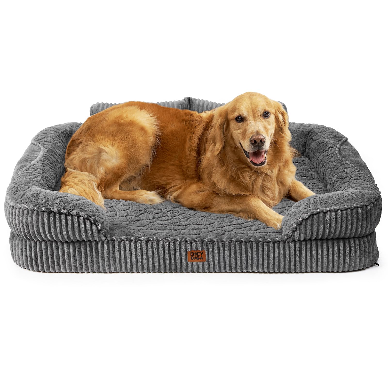 EHEYCIGA Large Orthopedic Dog Bed, 106 x 76 cm, Sofa Bed with High Back, Waterproof Memory Foam Dog Mattress, Washable Cover, Grey OEKO-TEX STANDARD 100