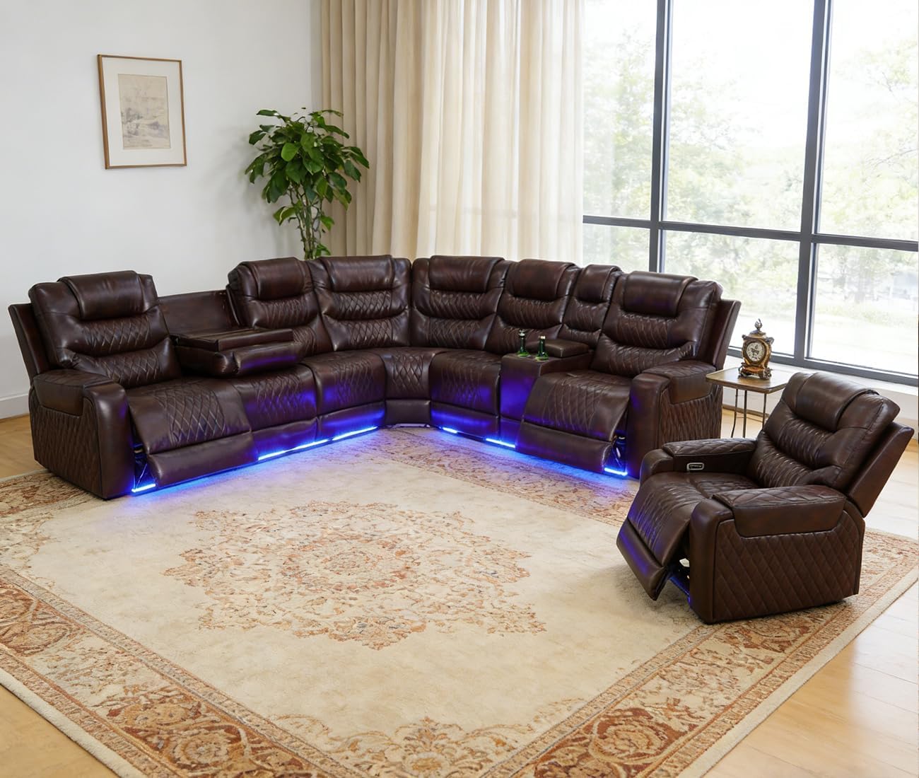 Power Reclining Sectional Sofa Set, Living Room Furniture Sets, Modern Breathing Leather Recliner Sectional Couch Chair Set with Cup Holders, LED, Storage for Living Room/Office,Reddish Brown