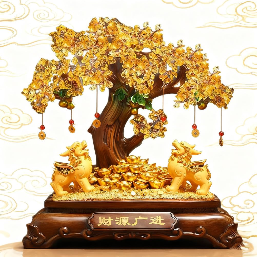 Drzewo pieniędzy Feng Shui Decor Chińska roślina pieniędzy dla bogactwa Dobrobyt, cytrynowy kamień Bonsai Powodzenia Ozdoba Feng Shui do dekoracji domu i biura, prezent,Medium