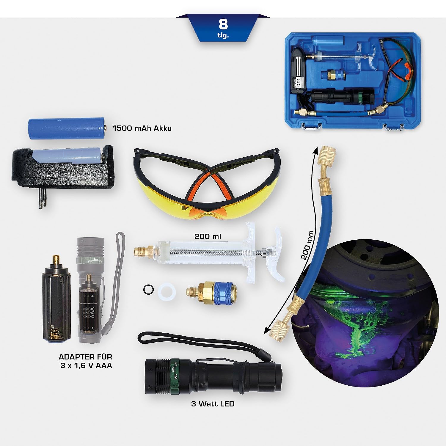 BRILLIANT TOOLS BT611020 UV-Lecksuch-Taschenlampensatz | 8-TLG. [Powered by KS Tools]