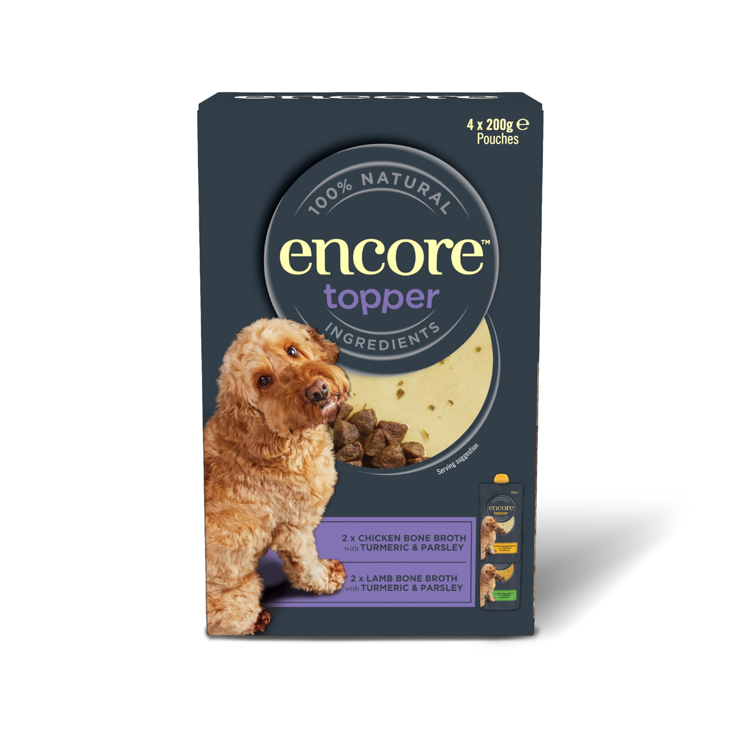 Encore 100% Natural Dog Bone Broth Dry Food Topper for Dogs, 4x200g Multipack Meat Selection, Chicken and Lamb Flavor, Grain Free with Collagen to Support Healthy Joints & Skin, 200g Spout Pouch