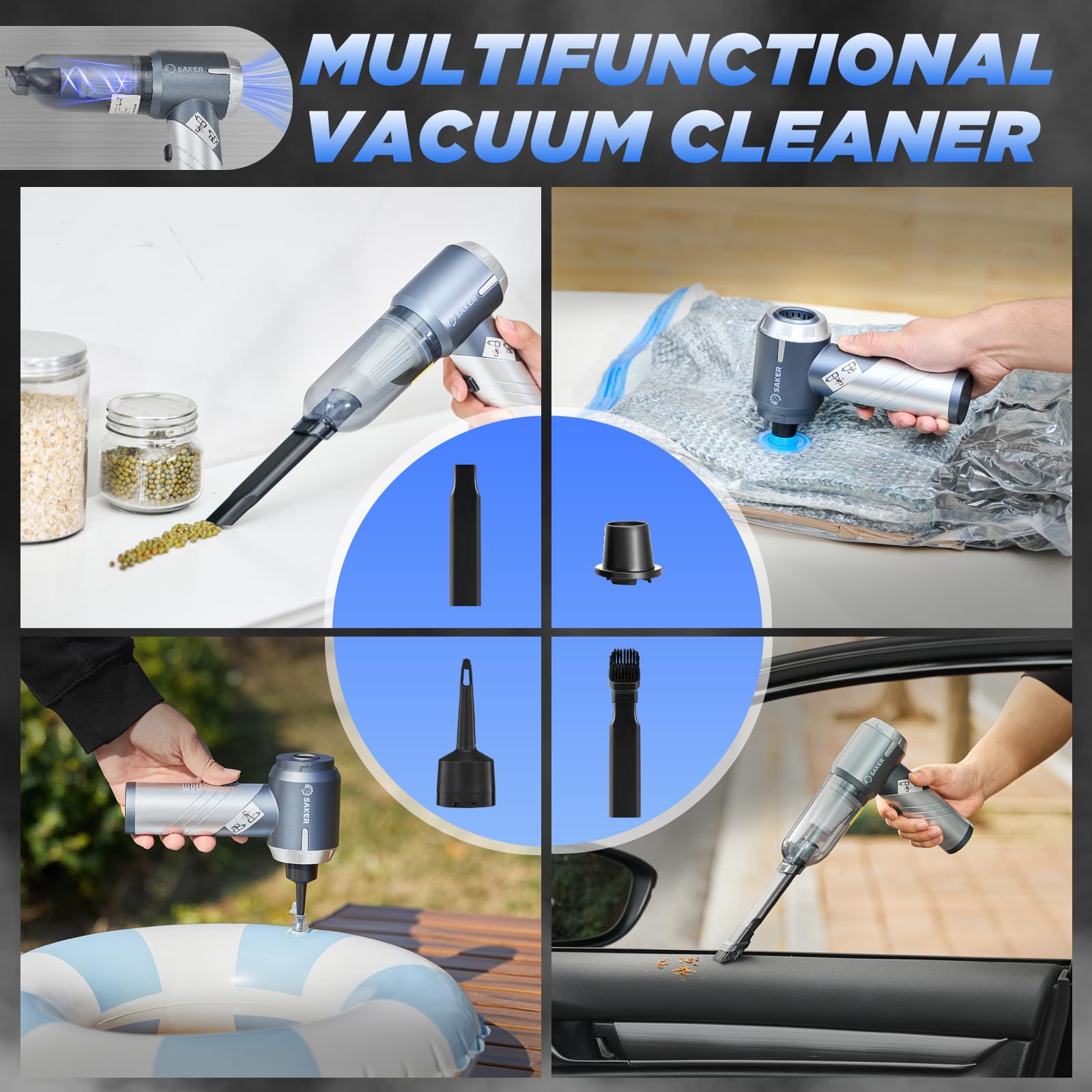 ChaviChax Cordless Car Vacuum 17000PA - 6-in-1 Handheld Rechargeable With Blower, Inflator, Window Breaker & Seatbelt Cutter