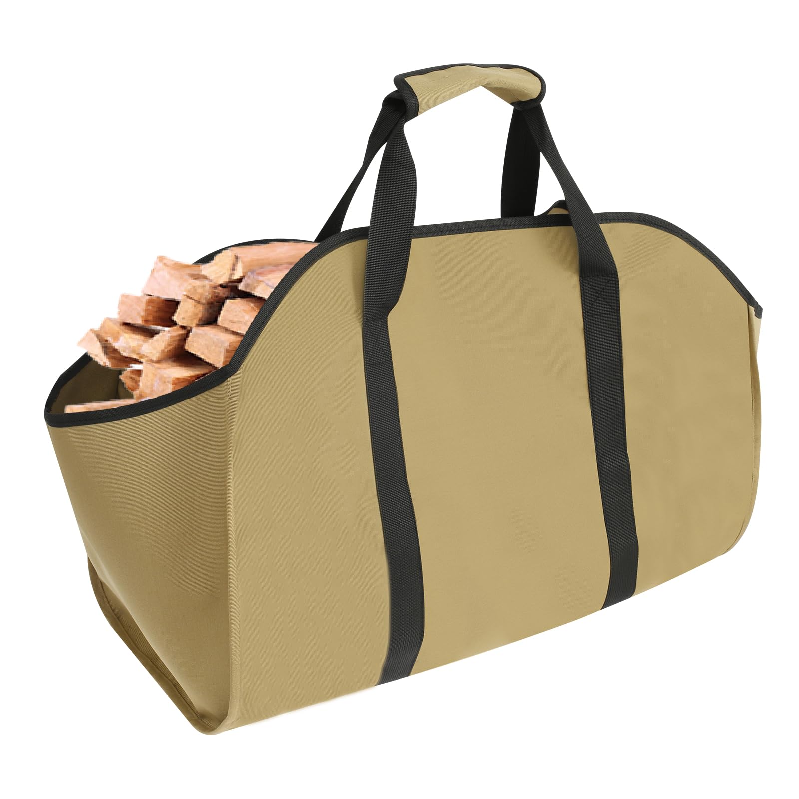 Waterproof Log Carrier, Oxford Cloth Firewood Holder With Handle, Raised Side Ends, Foldable Firewood Carrier Bag for Carrying Wood at Indoor or Outdoor Camping (Khaki)