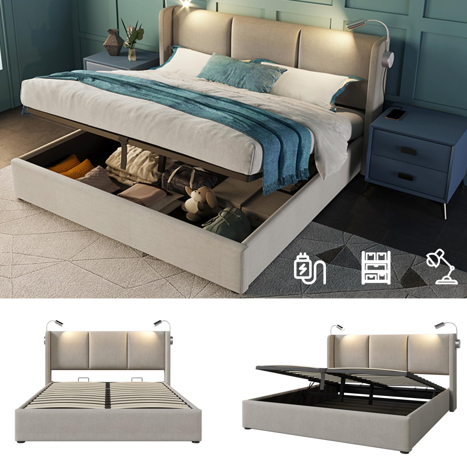 PerGar Cama Matrimonio 160x200, Cama 160x200 con almacenaje, Canape con Cabecero, Camas matrimoniales con luz de Lectura y somier, Moderne Camas Juvenil, Hidráulica Espacio, Lino, Beige, Sin Colchon