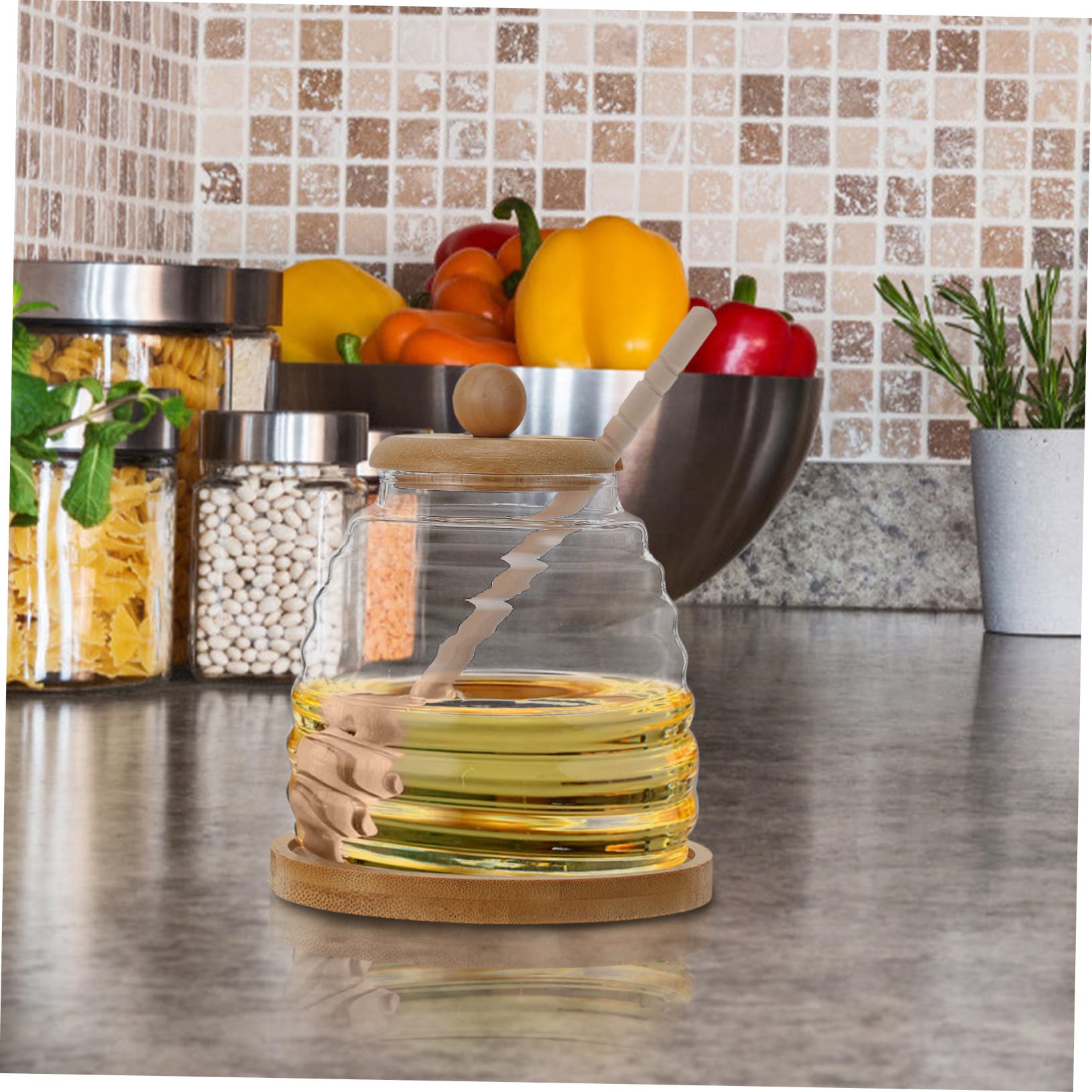 Dispensador de Miel y Jarabe Tarro de Transparente con Tapa y Agitador Recipiente Rellenable para Miel para Cocina y Hogar