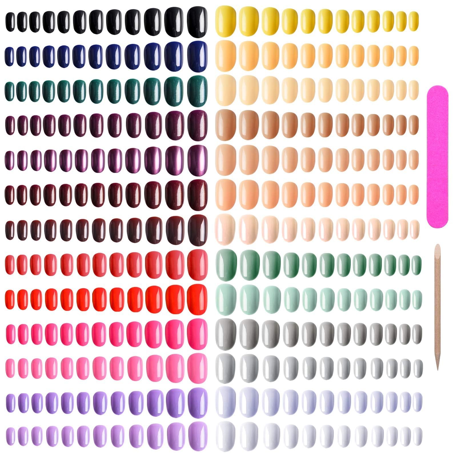 EBANKU 960pcs Short Colorful False Nails for Women Oval Press on Nails Glossy Acrylic Full Cover Artificial Fake Nail Tips with Nail File Nail Stick